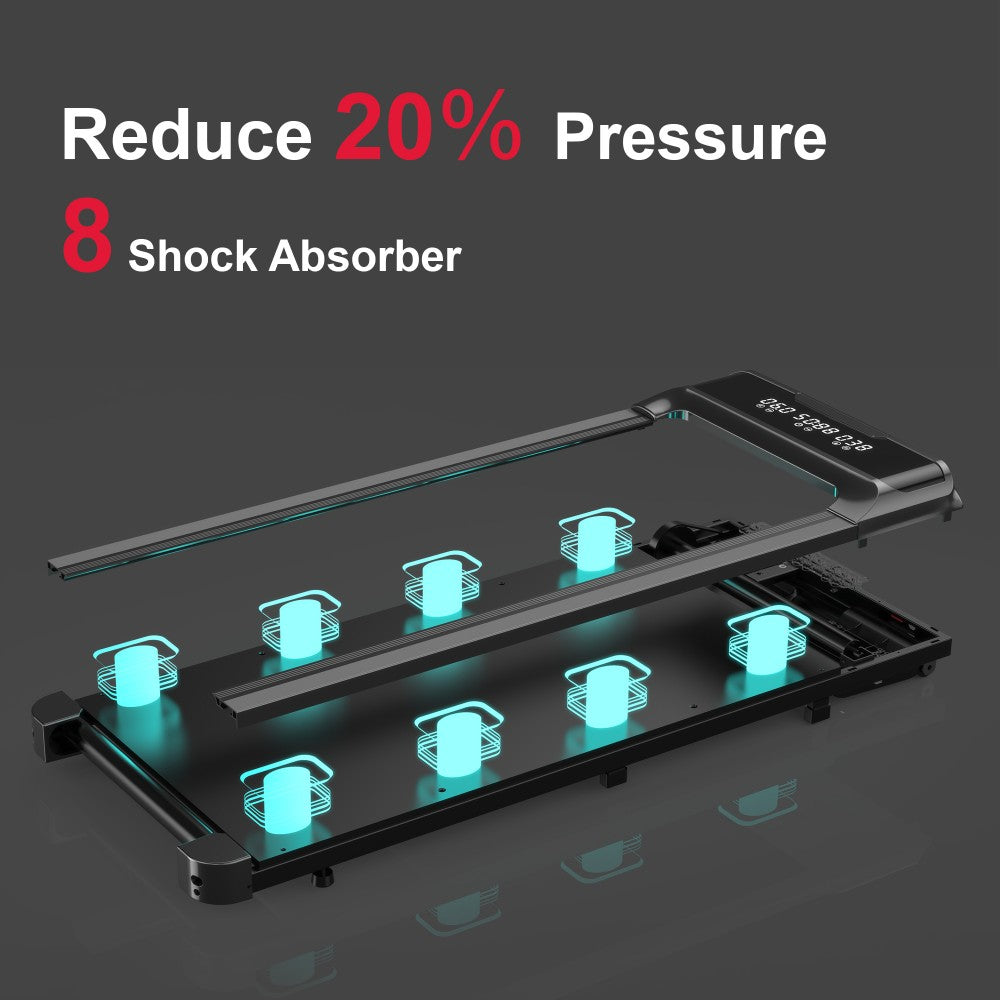 Urządzenie z 8 amortyzatorami, redukujące ciśnienie o 20%. Niebieskie światła oświetlają amortyzatory w czarnej ramie.