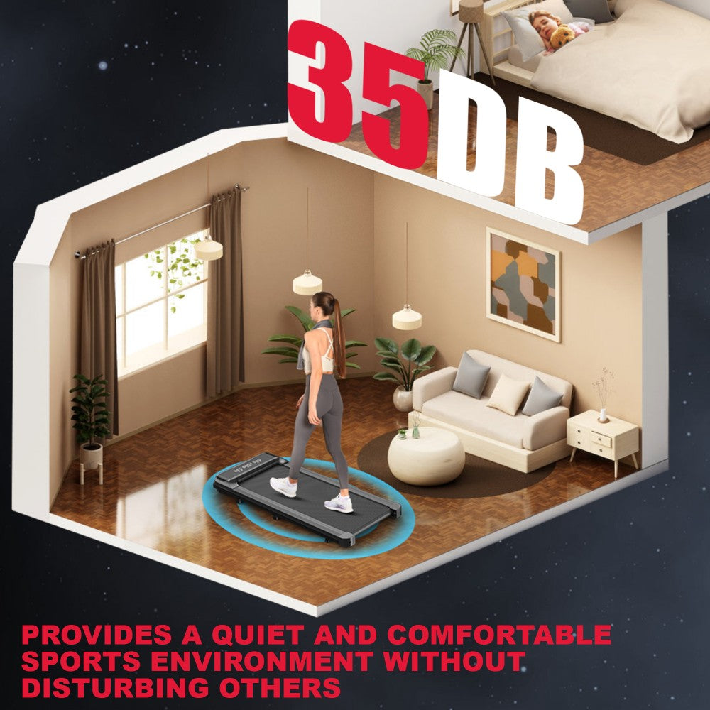 Kobieta chodzi na bieżni w pokoju. Osoba śpi w łóżku powyżej. Tekst brzmi: 35DB. Ciche środowisko sportowe.