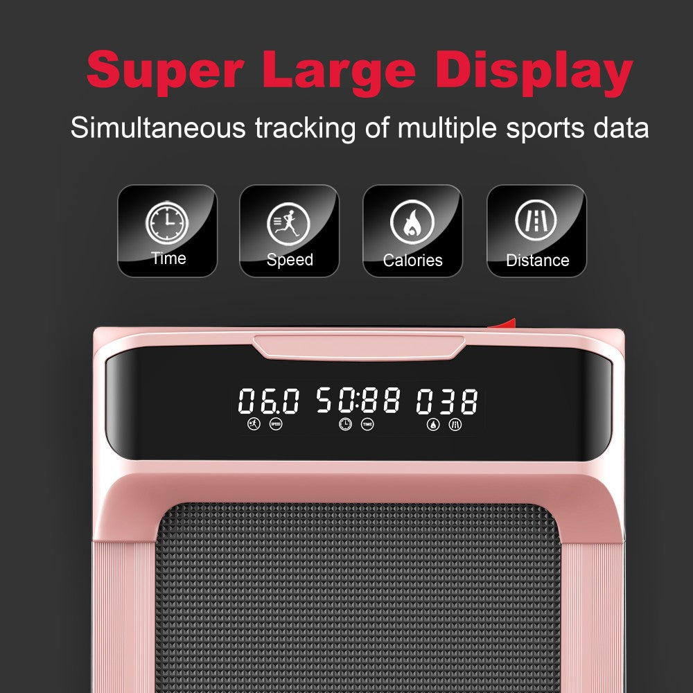 Wyświetlacz bieżni pokazuje czas, prędkość, kalorie i dystans. Wyświetlacz ma cyfry i ikony, z różową ramą i czarną siatką.