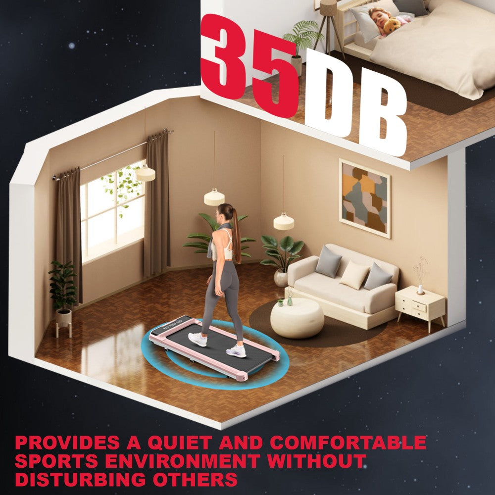 Kobieta chodzi na bieżni w salonie. Osoba śpi w sypialni powyżej. Tekst mówi 35 dB i hasło.