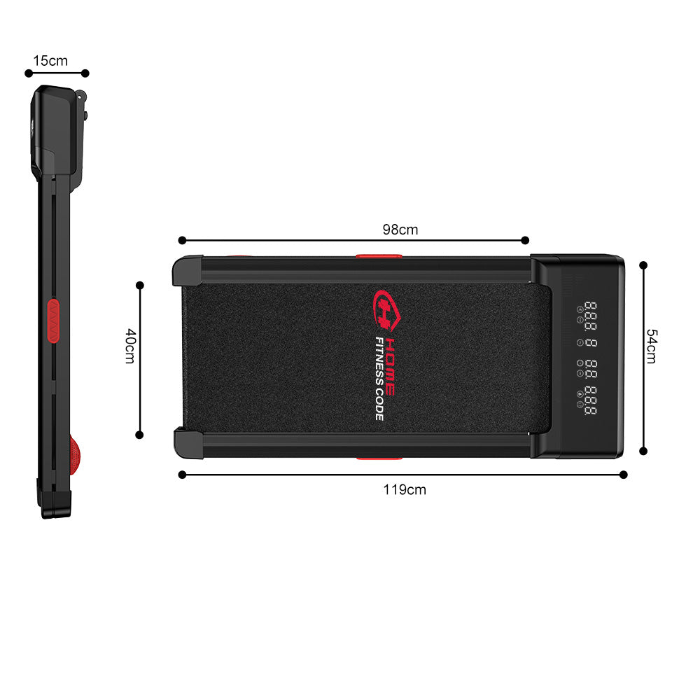 Czarna i czerwona bieżnia pokazana jest w widoku z góry i z boku. Wymiary podano w cm. Widoczna jest marka Home Fitness Code.