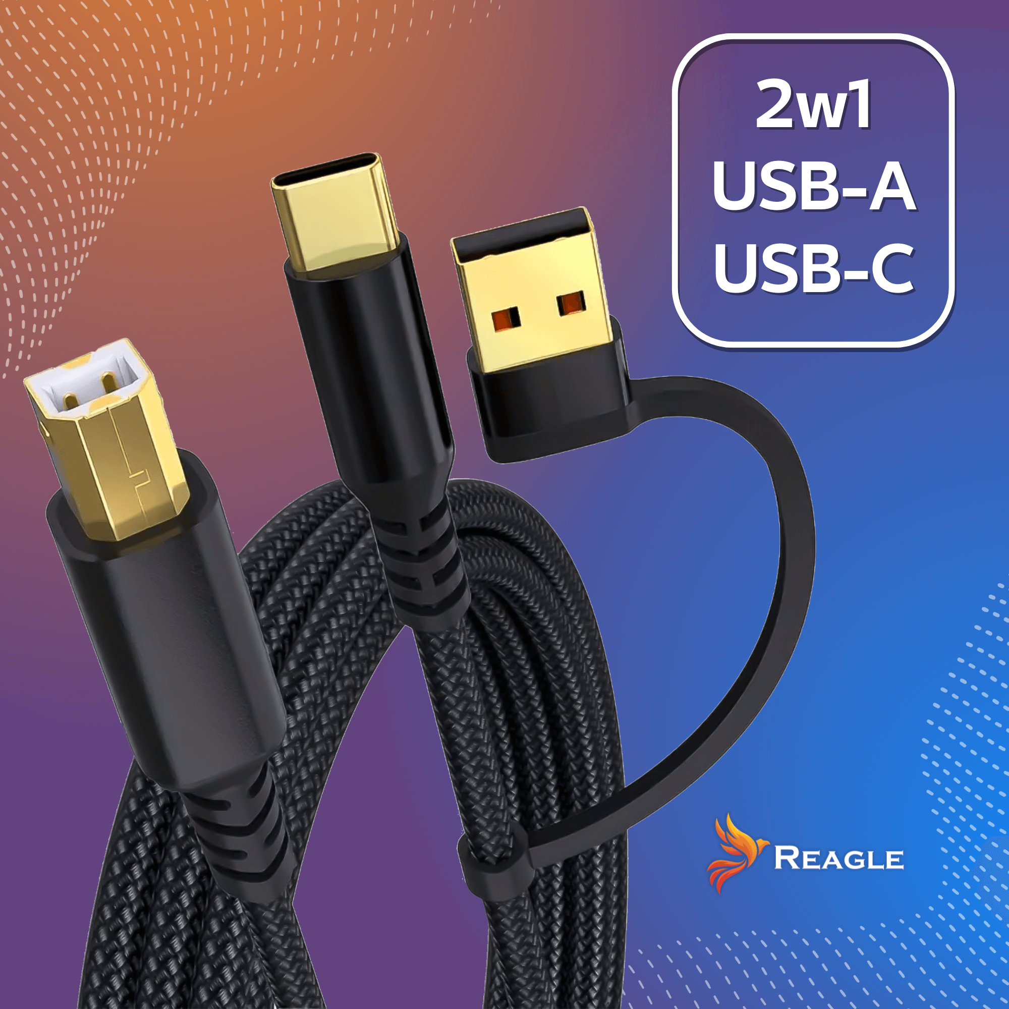 Czarny pleciony kabel USB ze złączami USB-A i USB-C, złoty w środku. Tekst: 2w1 USB-A USB-C. Logo Reagle.