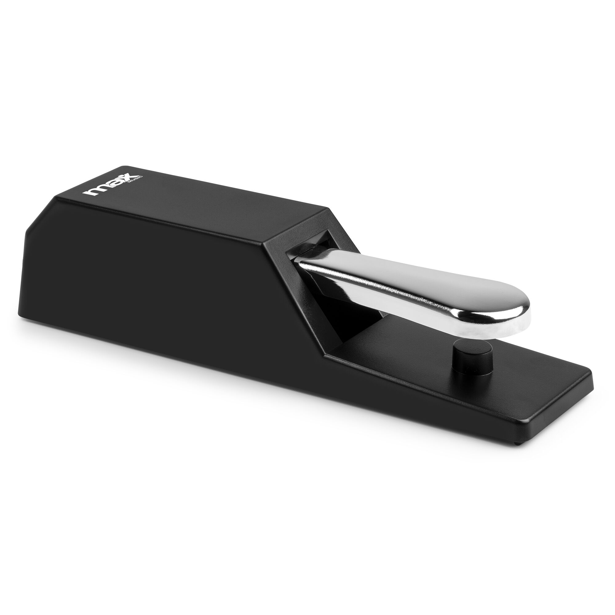 Un pedal de sustain negro Max Music con un pedal plateado sobre un fondo blanco.