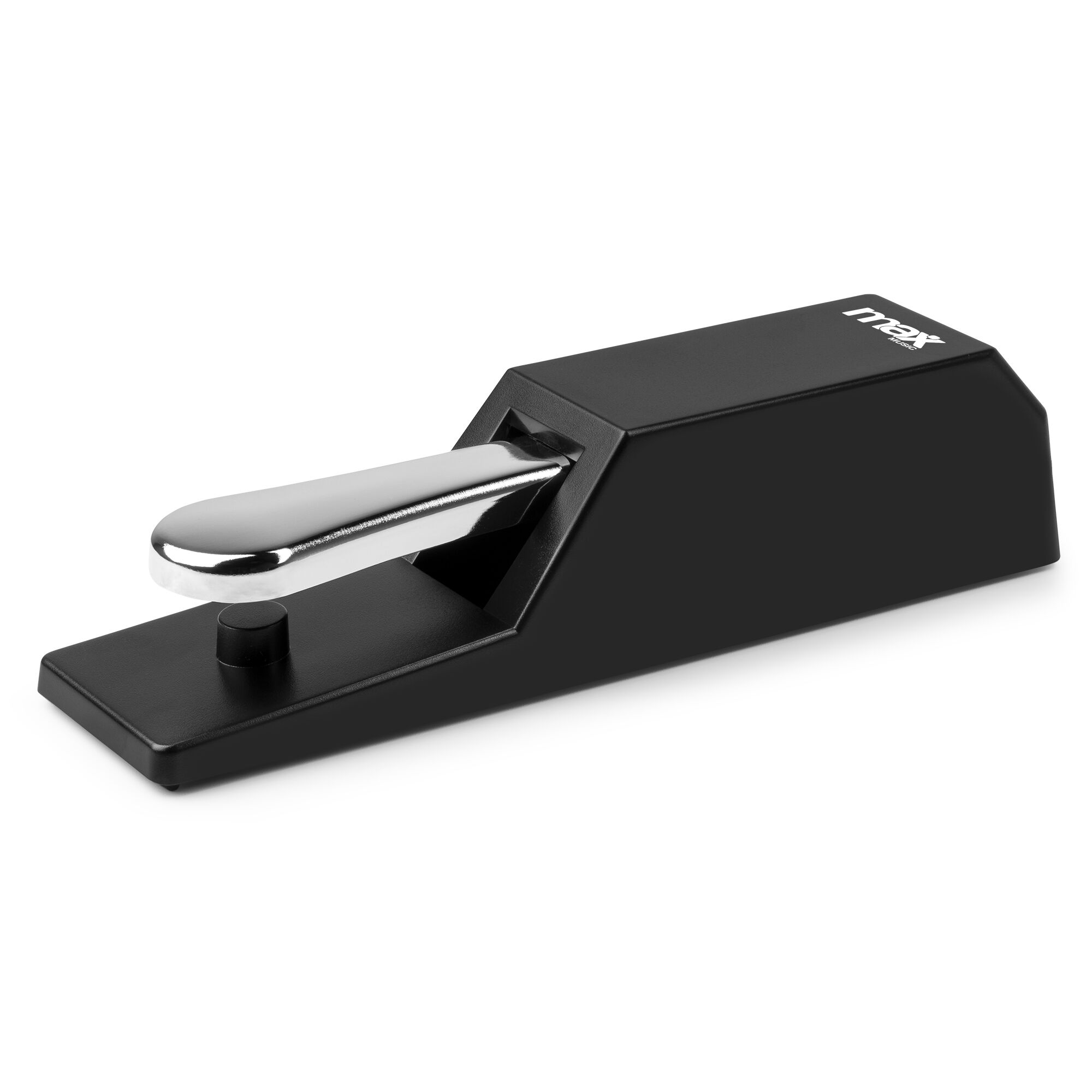 Un pedal de sustain negro con un pedal plateado sobre un fondo blanco. El pedal tiene la palabra 'max' en el lateral.