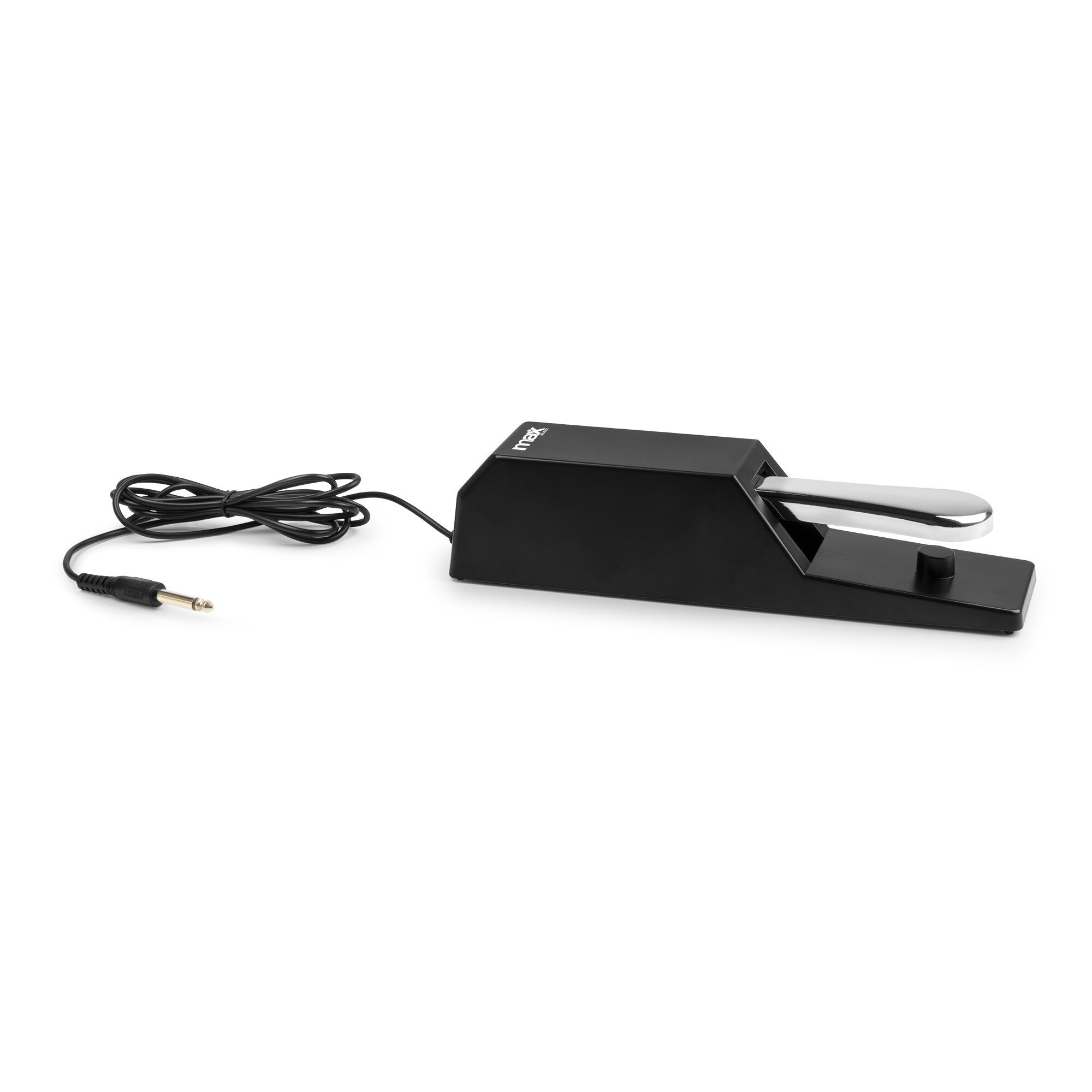 Un pedal de sustain negro para teclado, con pedal plateado. Un cable negro y un conector jack están conectados.