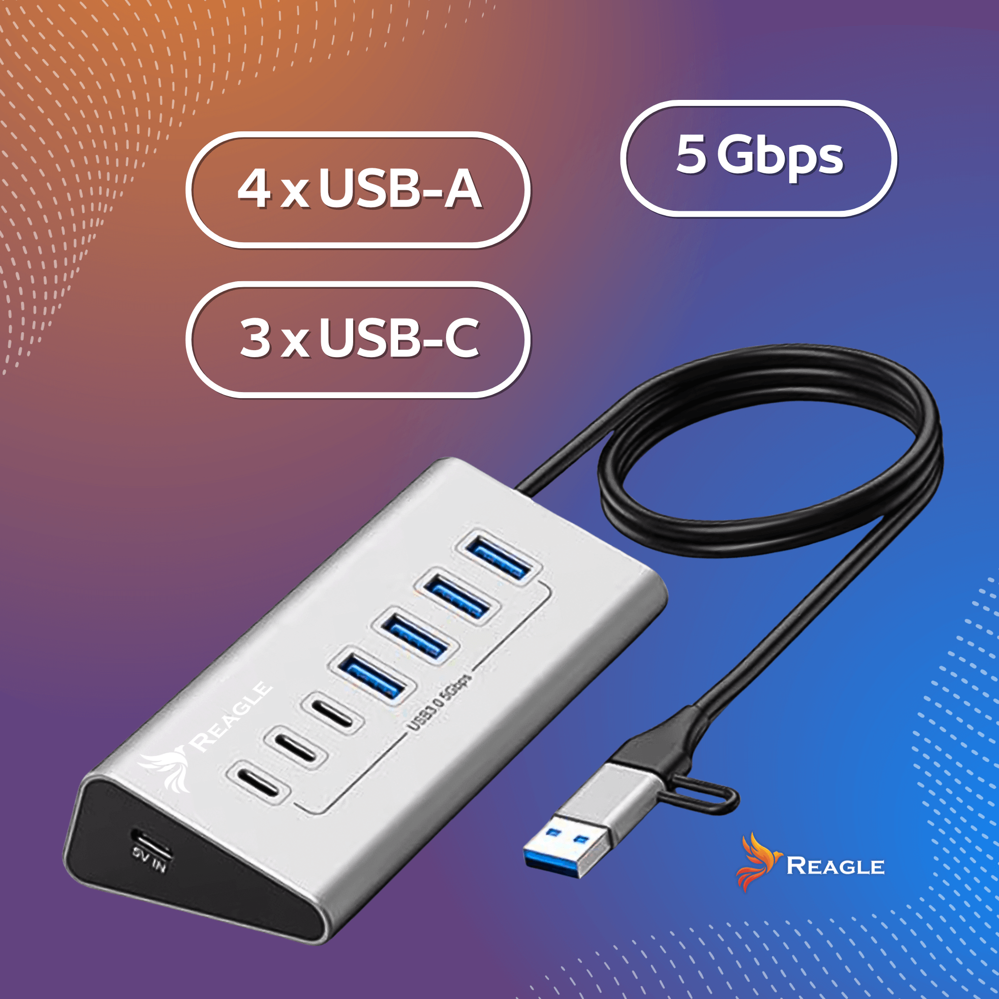 Srebrny hub USB z 4 portami USB-A i 3 USB-C. Czarny kabel i logo 'Reagle'.