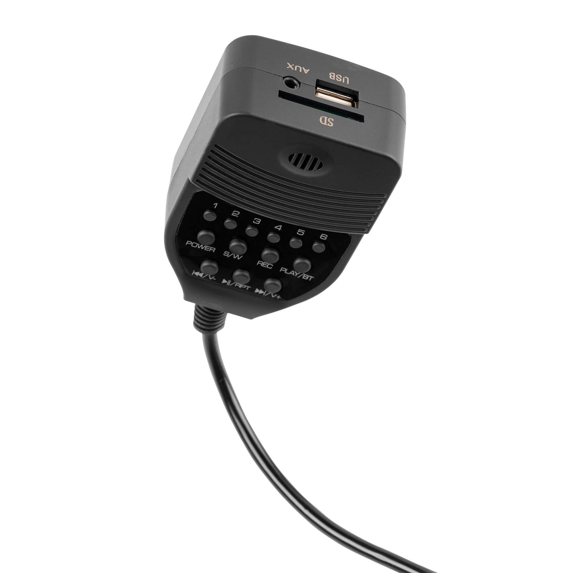 A black device with buttons, USB, AUX, and SD slots. A black cable connects to the device. Buttons are numbered and labeled.