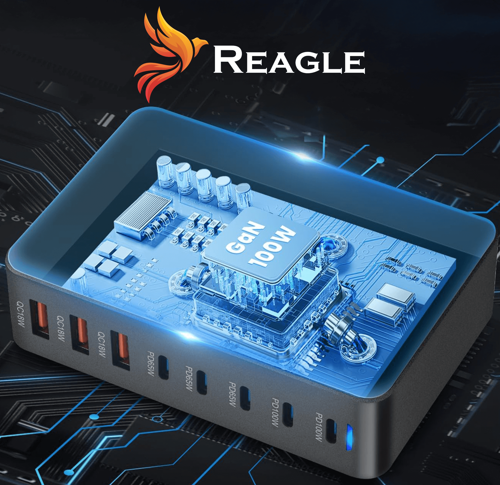 Czarna ładowarka Reagle z niebieskim projektem płytki drukowanej. Ma wiele portów i etykietę GaN 100W.