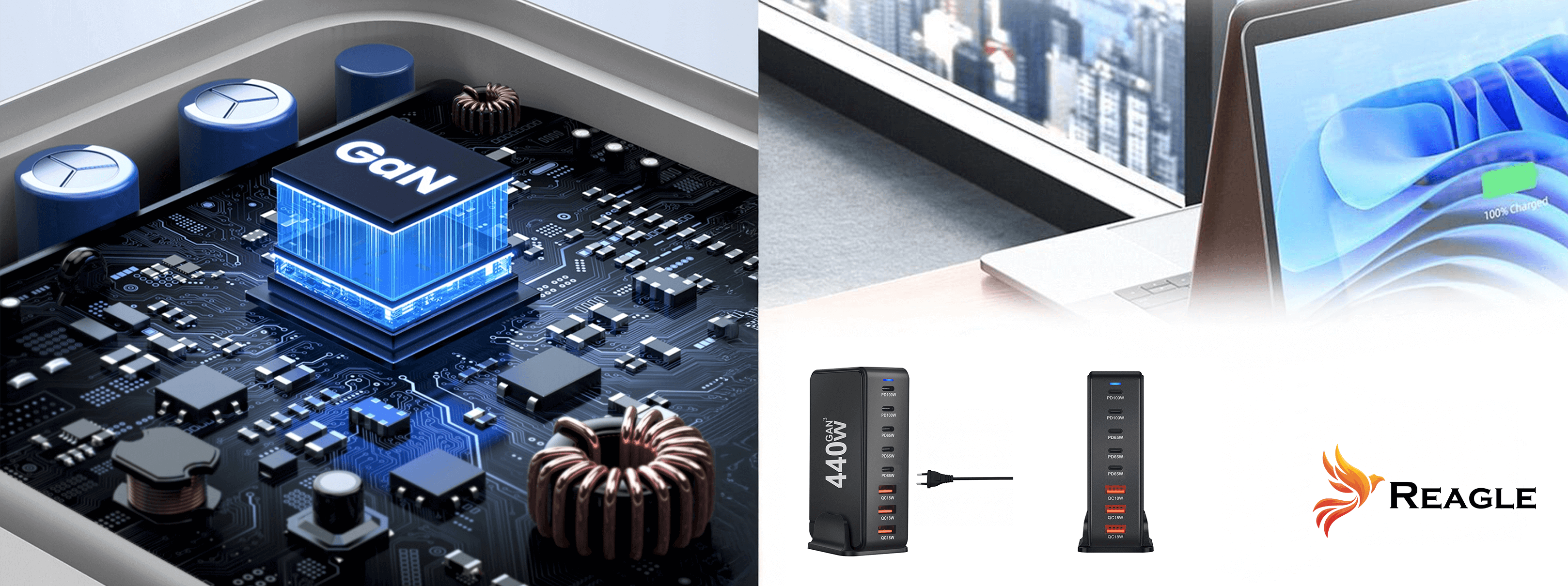 Obraz przedstawia komponenty elektroniczne, laptop ładujący się do 100% oraz ładowarkę wieloportową. Widoczne jest również logo.