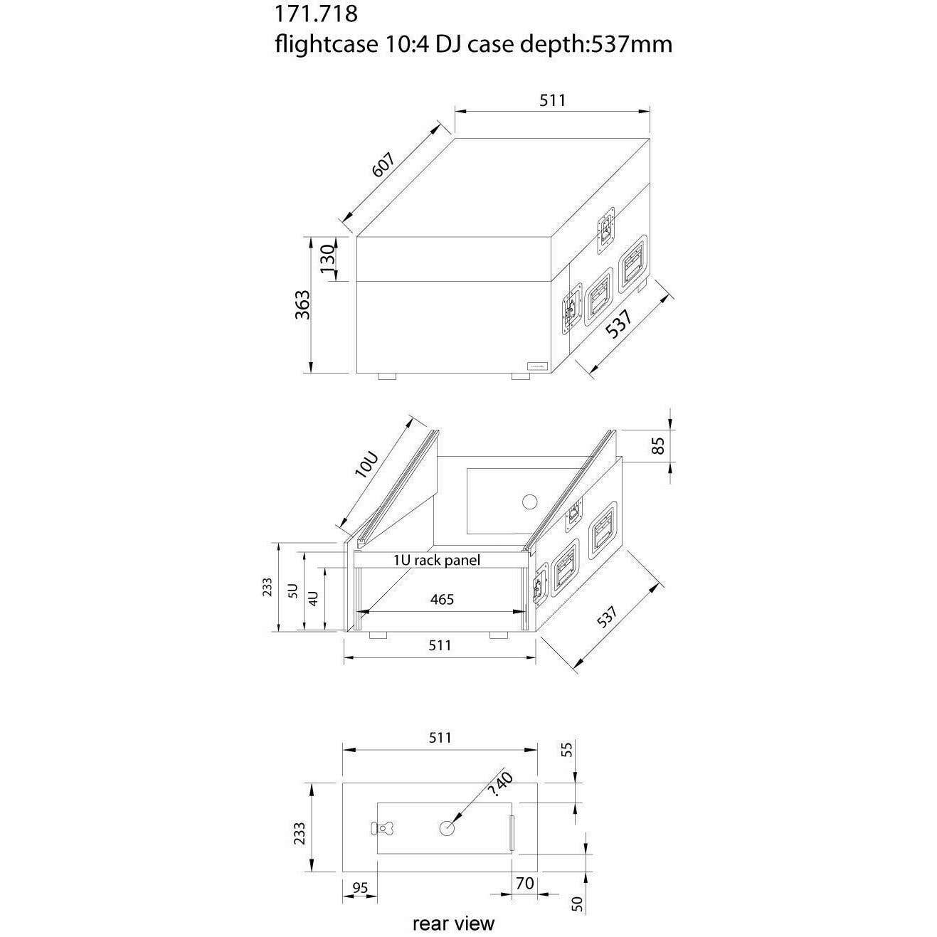 Dibujo técnico de un flightcase con dimensiones. Muestra vistas superior, frontal y trasera con medidas en milímetros.