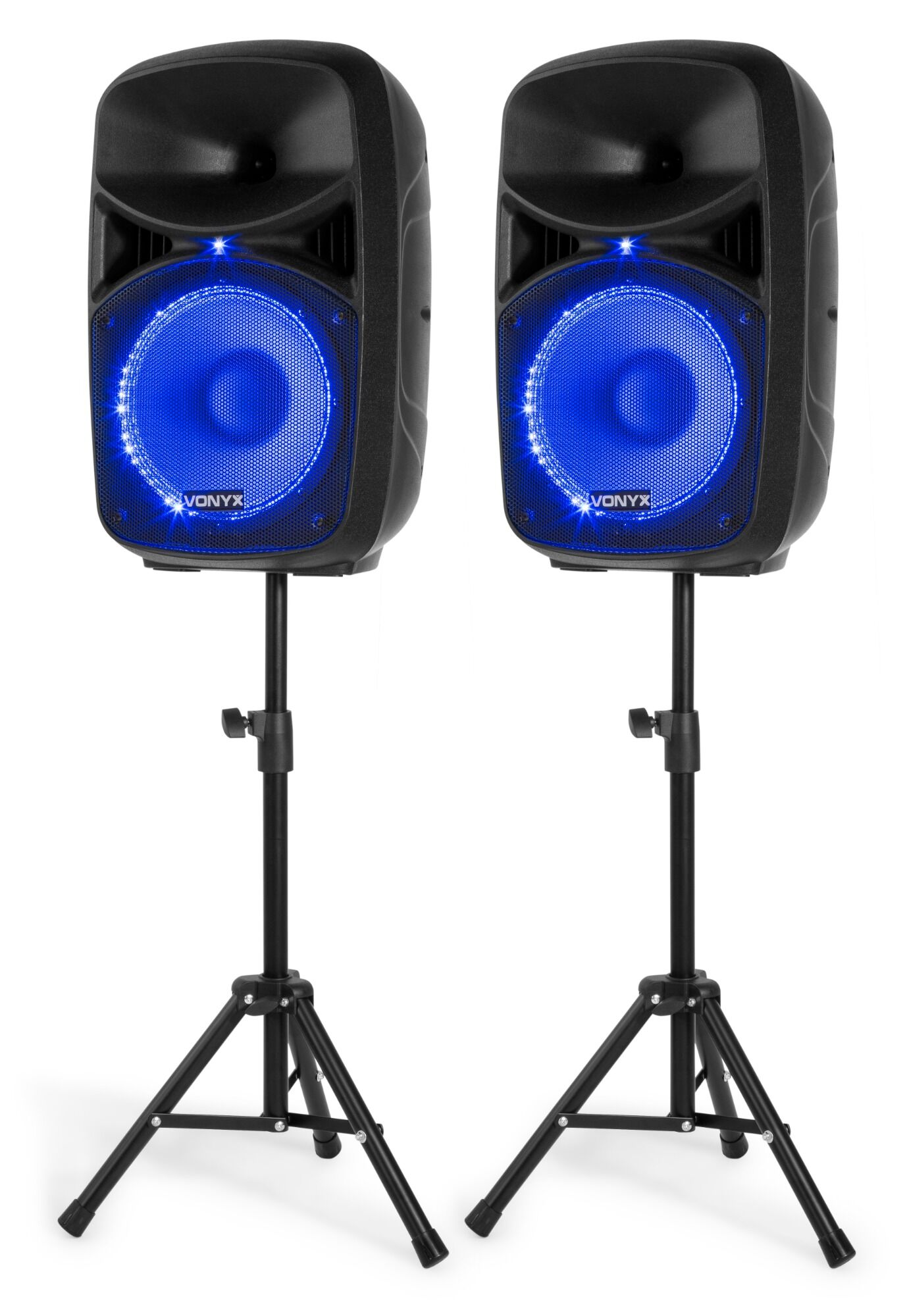 Dos altavoces negros con altavoces iluminados en azul están sobre soportes. Cada uno tiene el logo 'VONYX'.