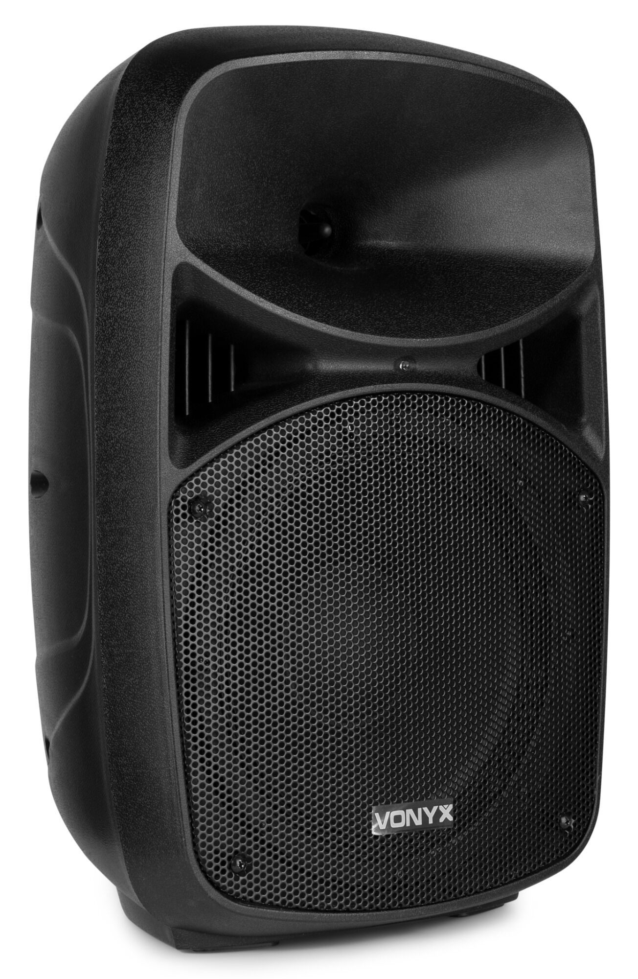 Se muestra un altavoz Vonyx negro. Tiene una rejilla de malla, una bocina y un cuerpo curvo. El altavoz está sobre un fondo blanco.