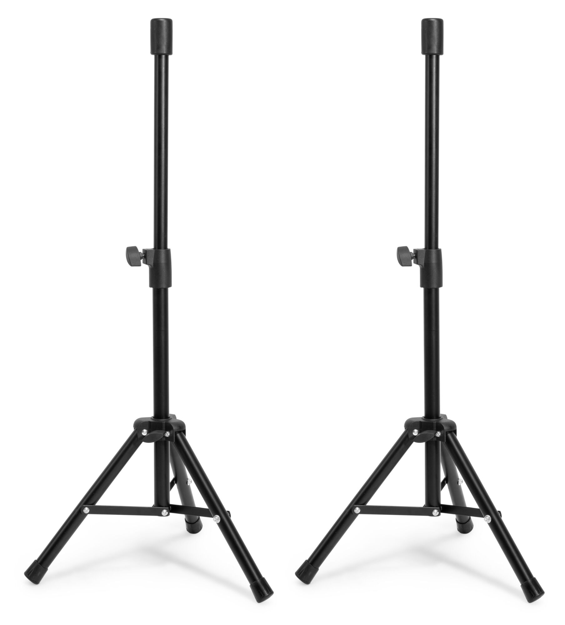 Dos soportes de altavoz negros sobre fondo blanco. Cada uno tiene una base de trípode y un poste de altura ajustable.