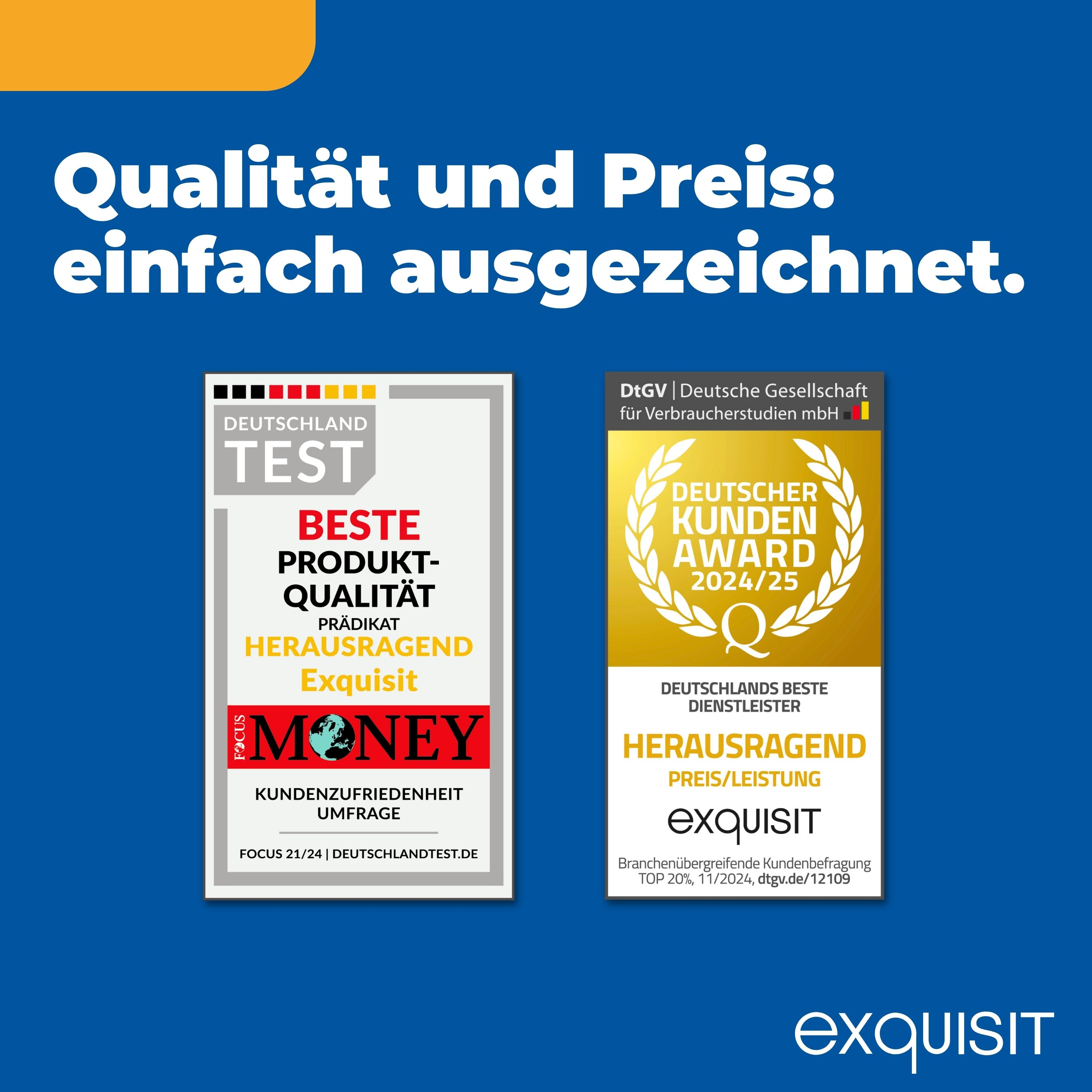 Das Bild zeigt Auszeichnungen und Text. Es hebt 'Qualität und Preis: einfach ausgezeichnet' und 'Exquisit' hervor.