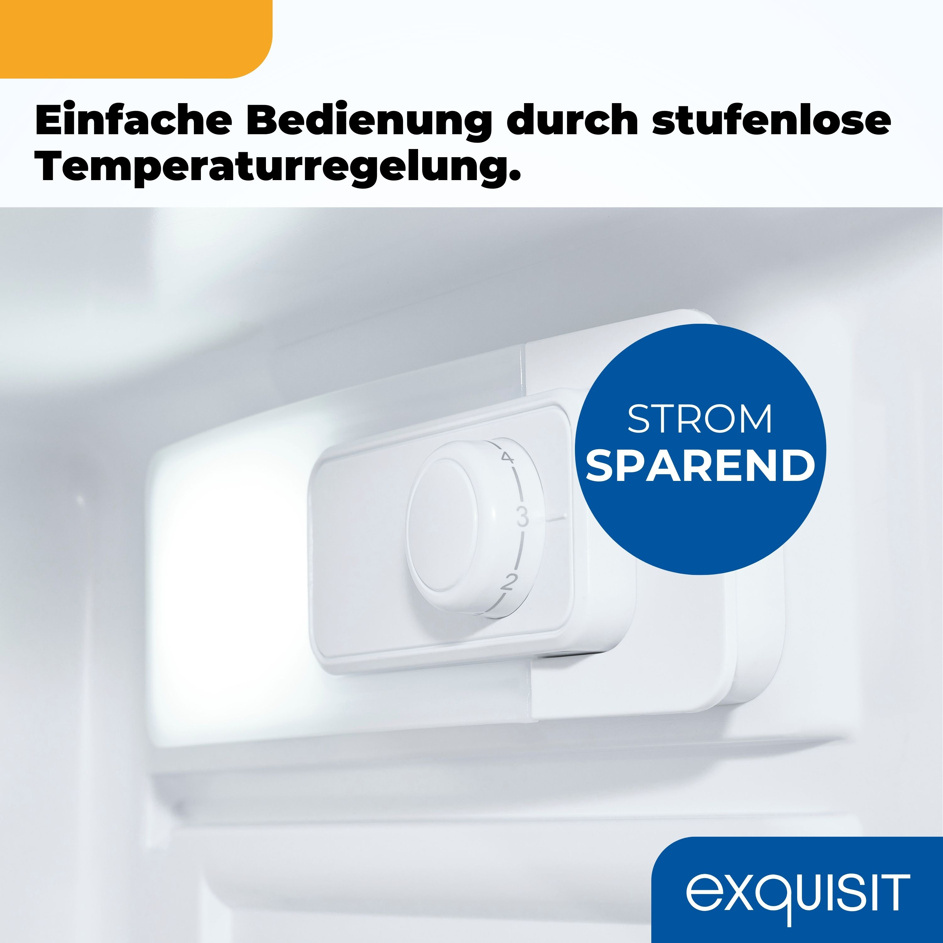 Ein weißes Zifferblatt mit den Zahlen 1-4 im Kühlschrank. Ein blauer Kreis sagt 'Strom Sparend'. Das Wort 'exquisit' steht unten.