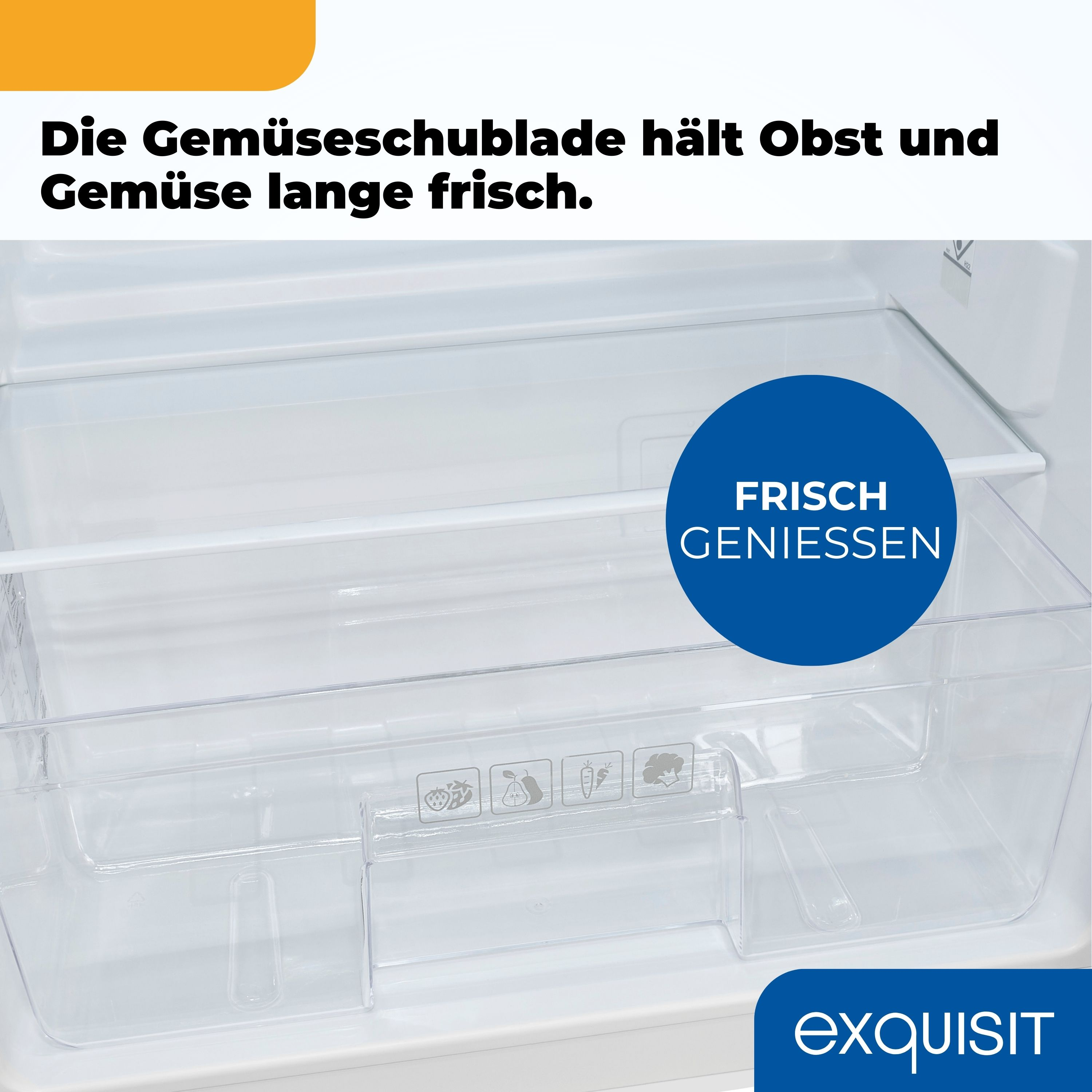 In einem Kühlschrank ist eine transparente Gemüseschublade zu sehen. Der Text lautet: „Frisch genießen“. Obst- und Gemüsesymbole.