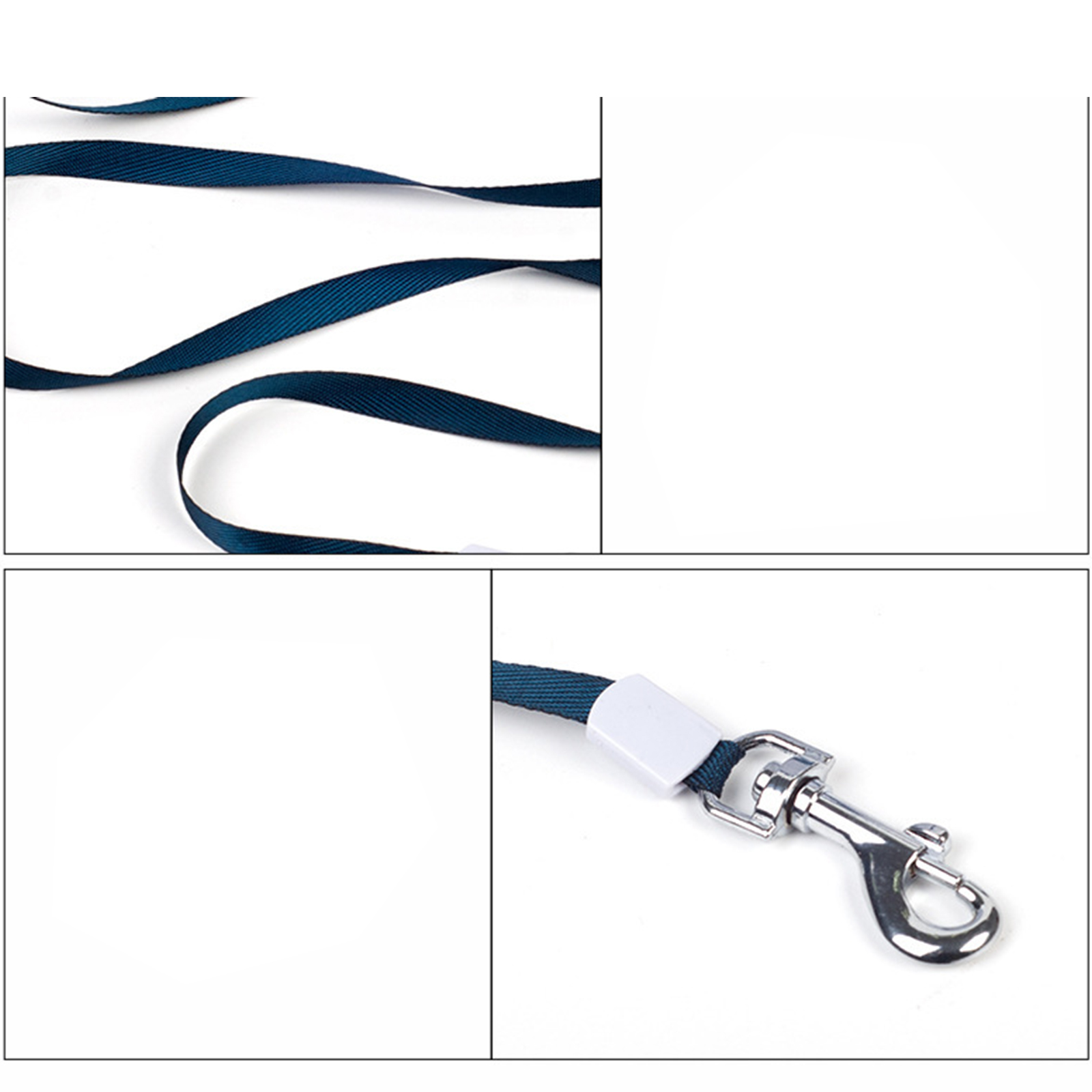 Dunkelblaues Hundehalsband mit silbernem Metallverschluss. Das Halsband ist auf weißem Hintergrund.