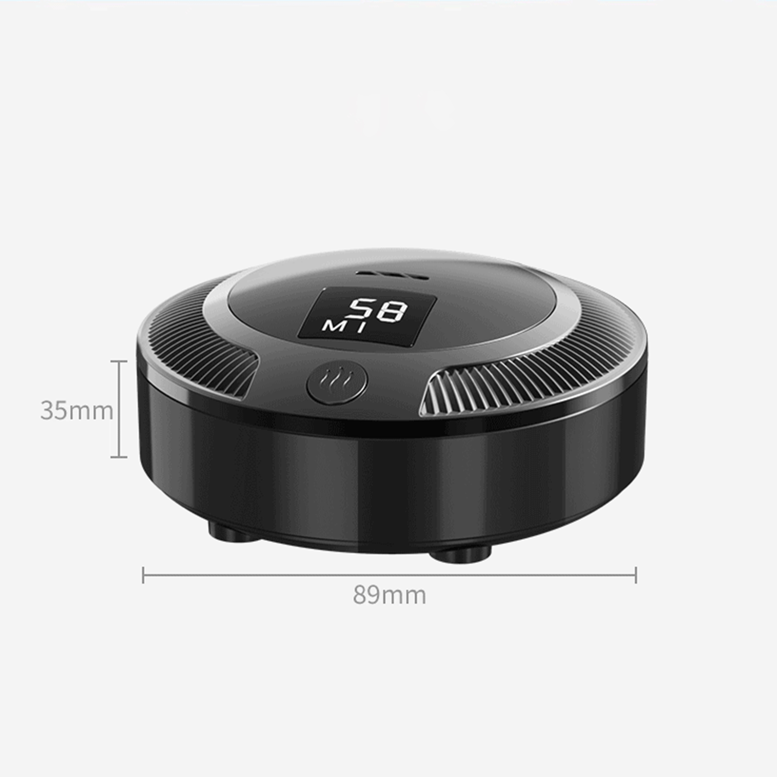 Schwarzes, rundes Gerät mit Digitalanzeige, die 58 anzeigt. Abmessungen: 35 mm Höhe, 89 mm Breite. Taste sichtbar.