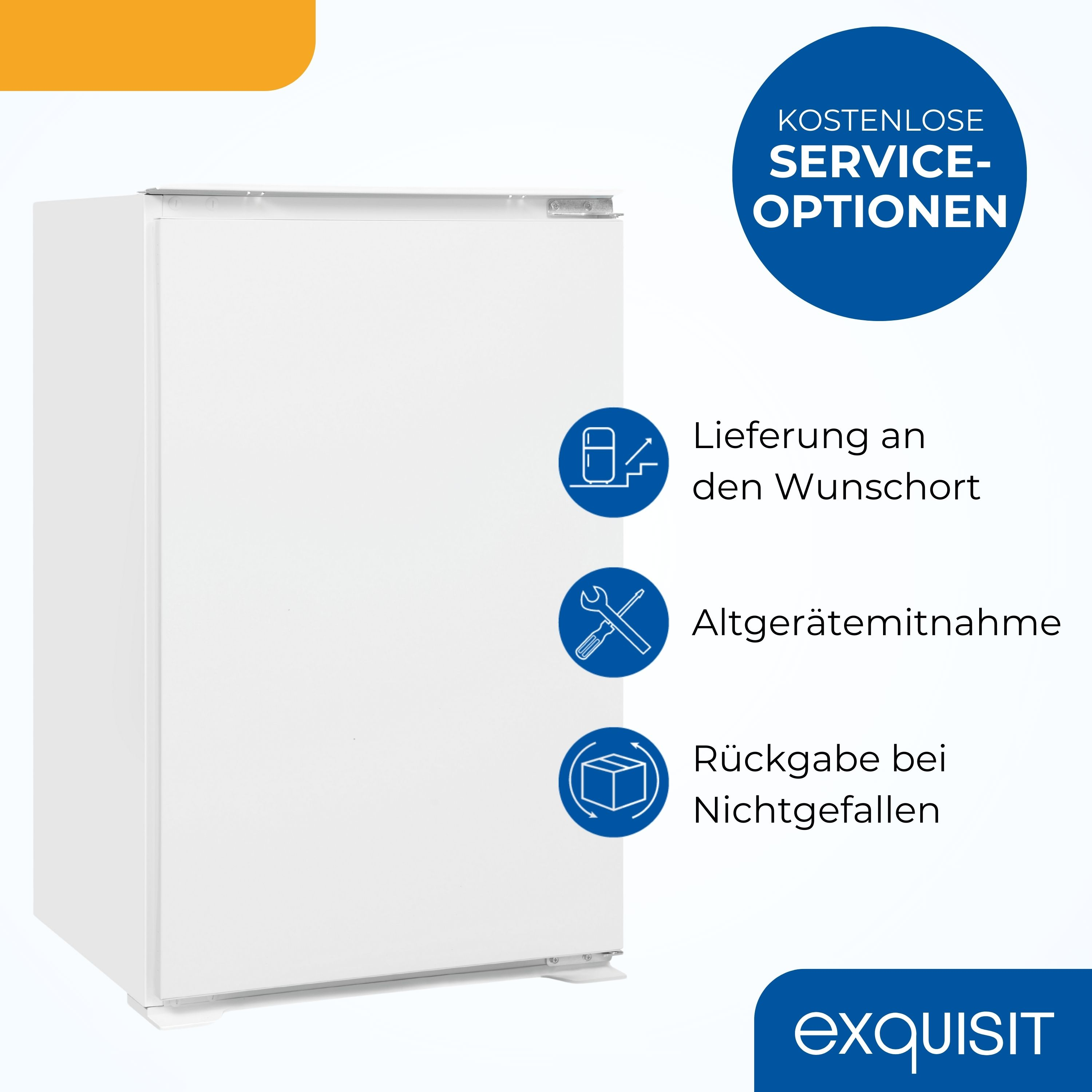 Ein weißer Kühlschrank mit blauen Serviceoptionssymbolen und Text. Oben befindet sich ein orangefarbener Streifen.