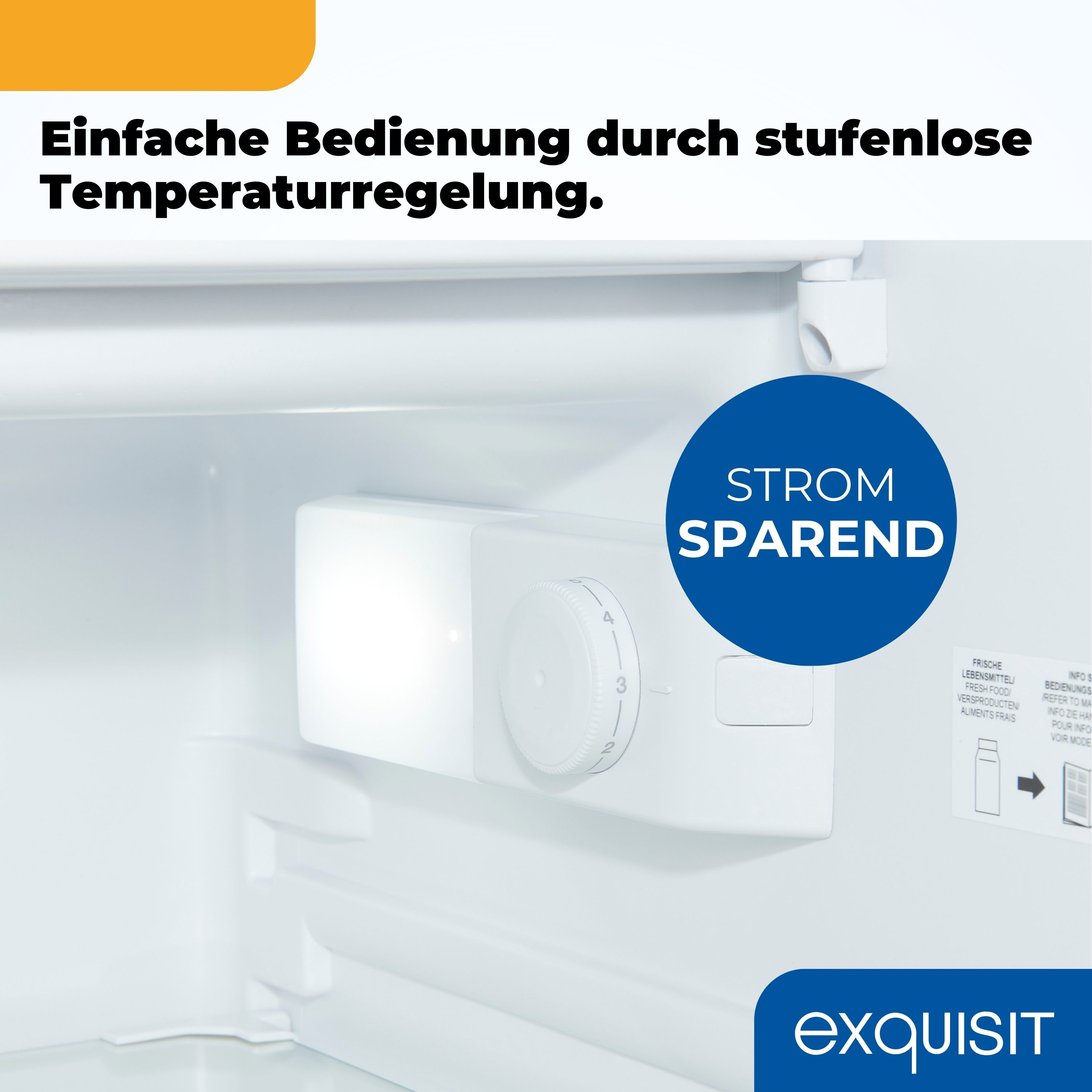 Kühlschrankinnenraum mit weißem Bedienknopf, blauem Text 'Strom Sparend' und Text auf Deutsch. Weißer Hintergrund.