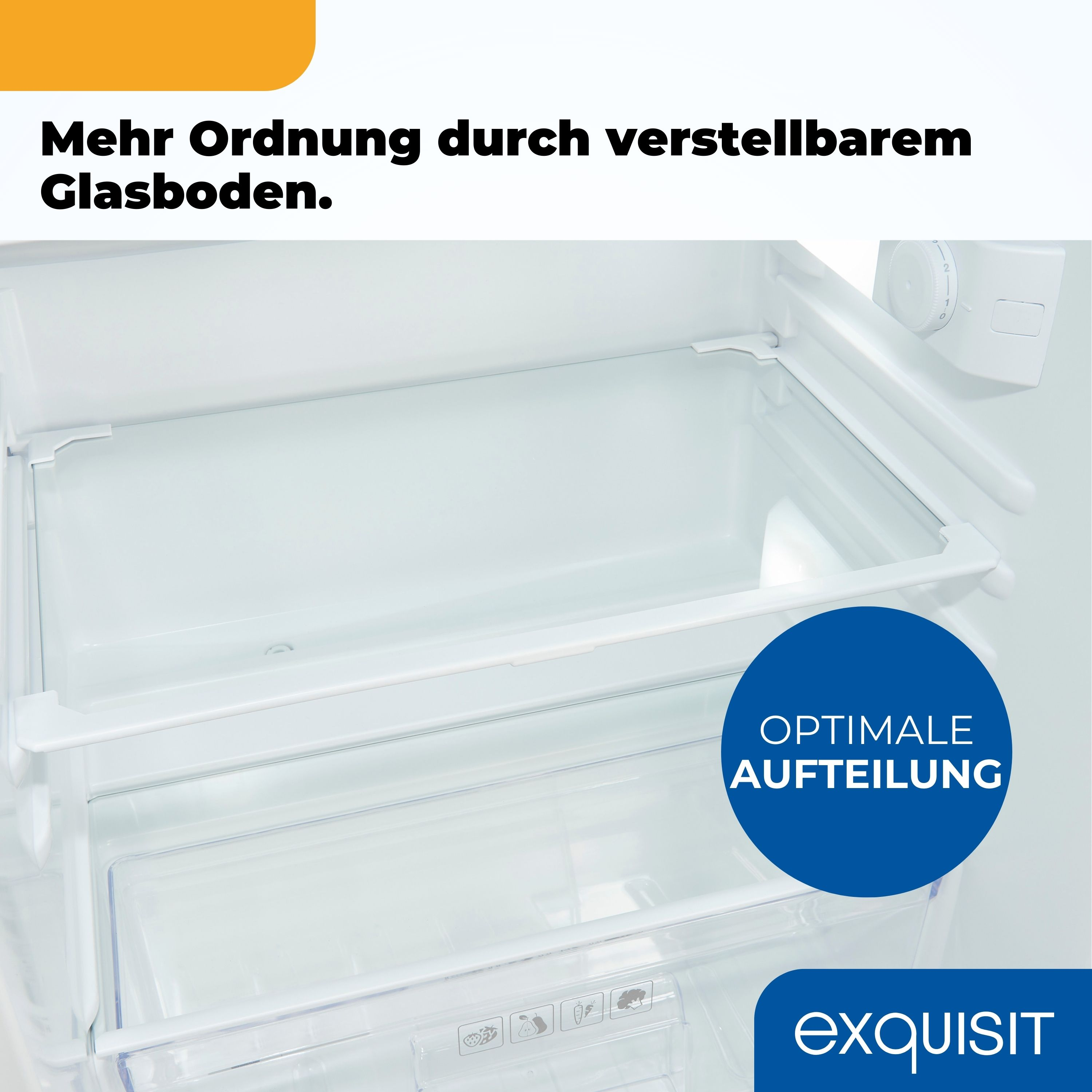 Innenansicht eines Kühlschranks. Glasscheiben sind sichtbar. Ein blauer Kreis zeigt 'Optimale Organisation'. Die Marke 'exquisit' ist zu sehen.