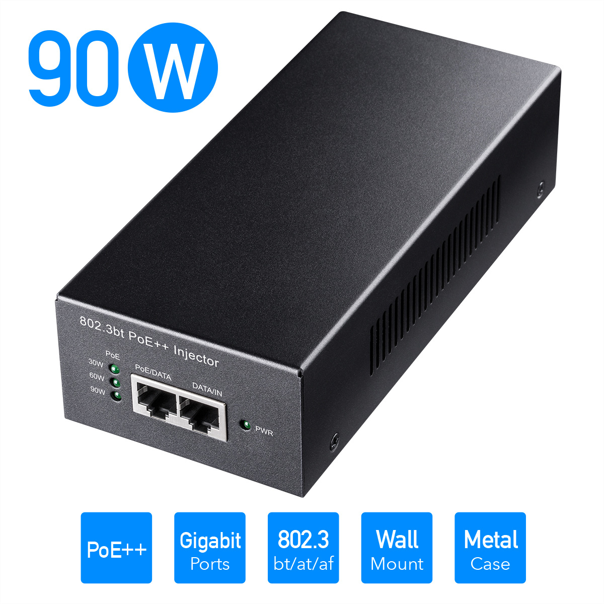 Schwarzer PoE++-Injektor mit 90 W Leistung, Gigabit-Ports und beschrifteten Anschlüssen. Enthält eine Betriebsanzeige und blau beschriftete Merkmale.