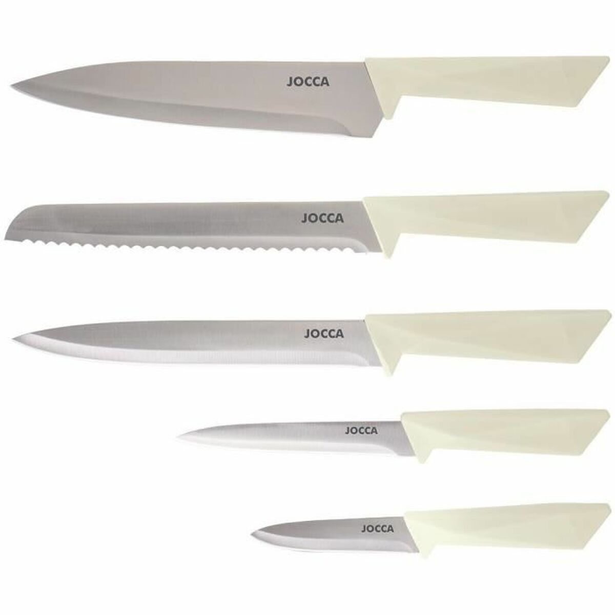 Fünf JOCCA-Messer werden gezeigt. Sie haben silberne Klingen und cremefarbene Griffe. Ein Messer hat einen gezahnten Rand.