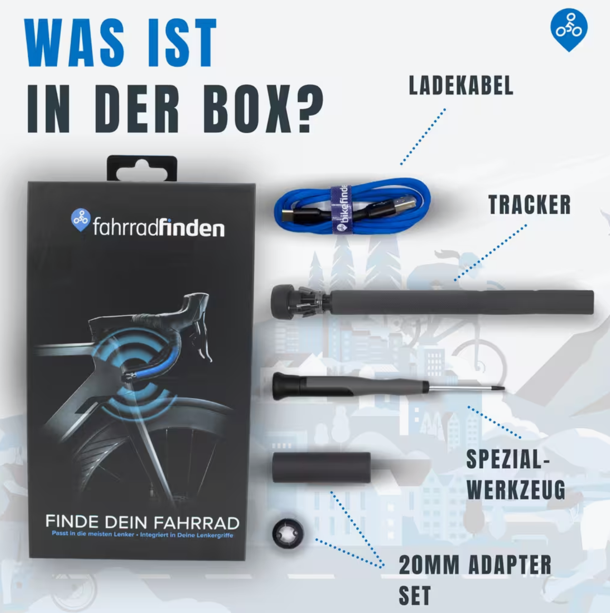 Box mit Fahrradfinder, Ladekabel, Tracker, Spezialwerkzeug und 20mm Adapterset. Text: Finde dein Fahrrad.