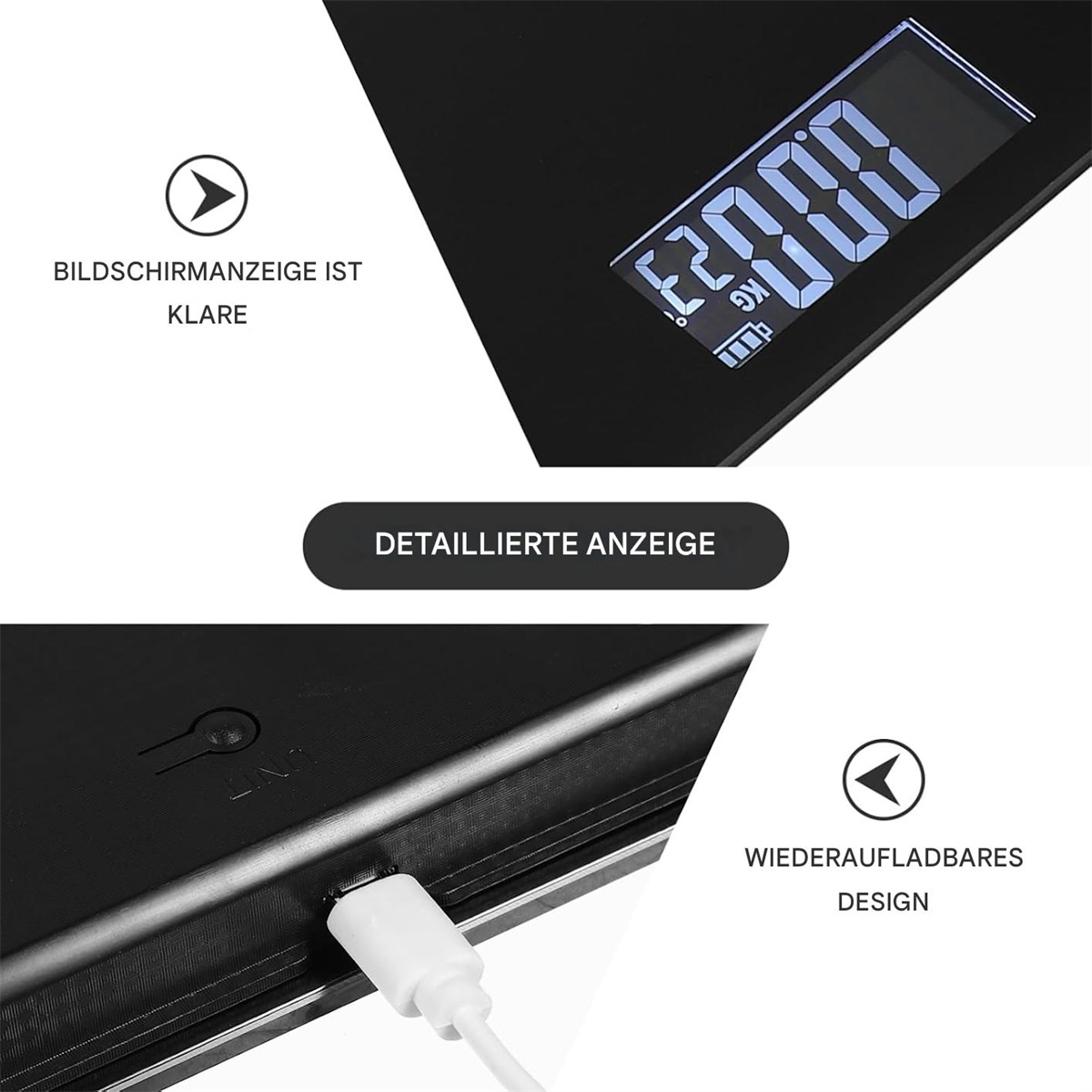 Eine schwarze Digitalwaage mit klarer Anzeige. Ein USB-Kabel ist eingesteckt. Text zeigt klare Anzeige und wiederaufladbares Design.