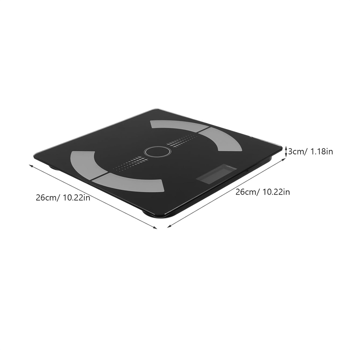 Eine schwarze Digitalwaage. Sie hat ein Display und zwei halbkreisförmige graue Bereiche. Abmessungen sind angegeben.