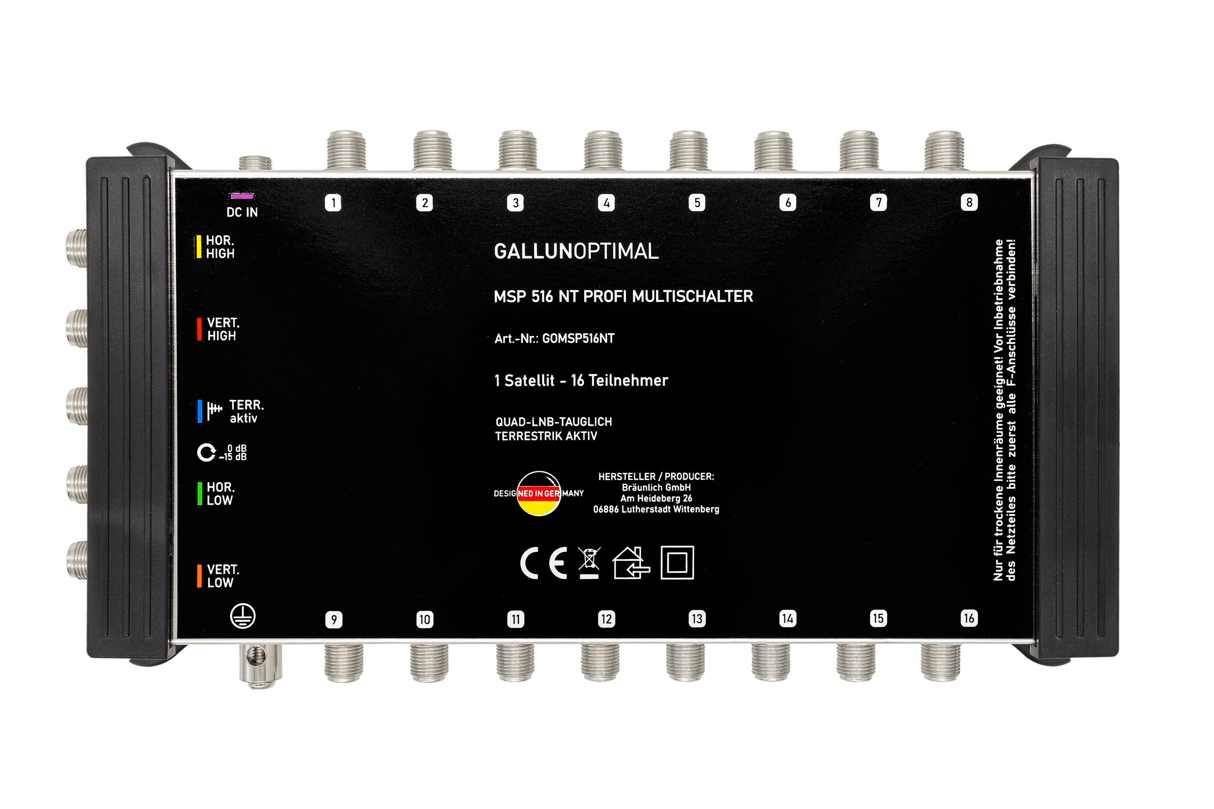 Schwarzer Satelliten-Multischalter mit Anschlüssen. Text enthält Modell, Hersteller und technische Daten.