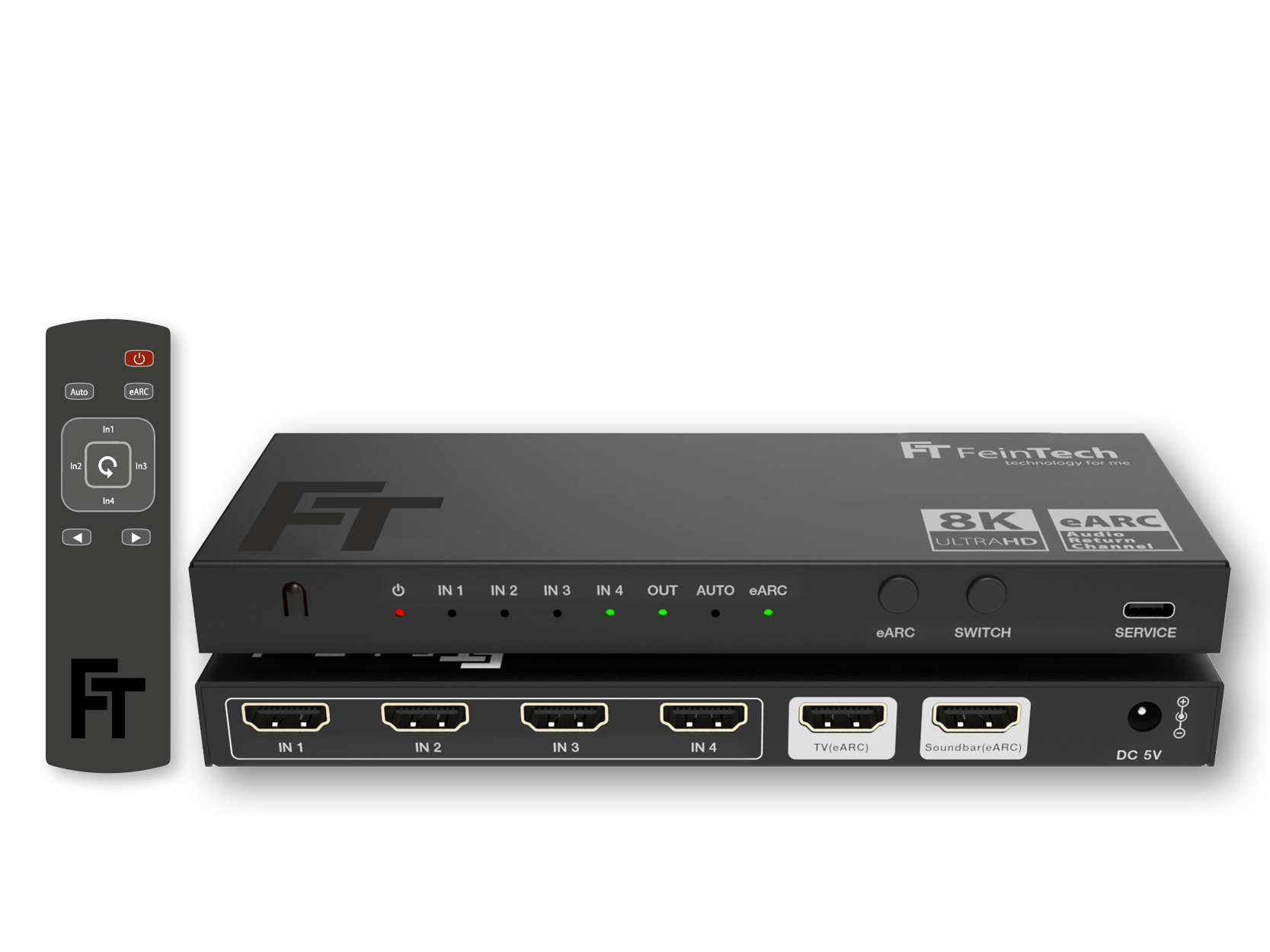 Schwarzer HDMI-Switch mit Fernbedienung. Verfügt über Eingänge, Ausgänge und eARC. Enthält Text: FeinTech, 8K Ultra HD und eARC Audio.