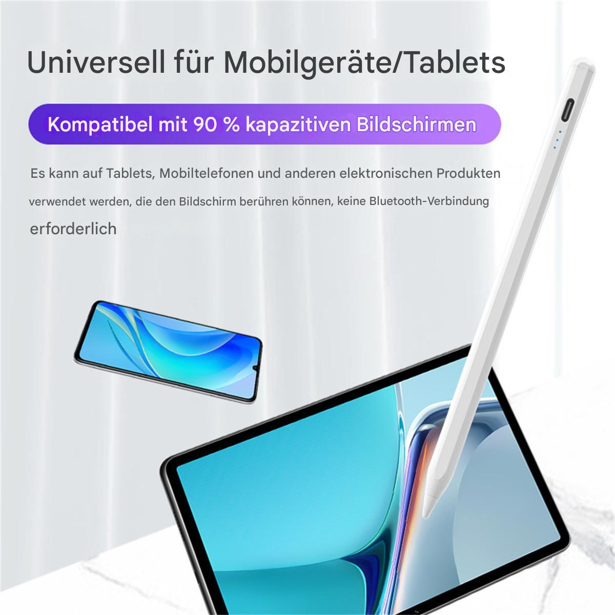 Ein weißer Stift zeigt auf ein Tablet. Der Bildschirm zeigt ein blaues Wellenmuster. Text oben besagt Kompatibilität.