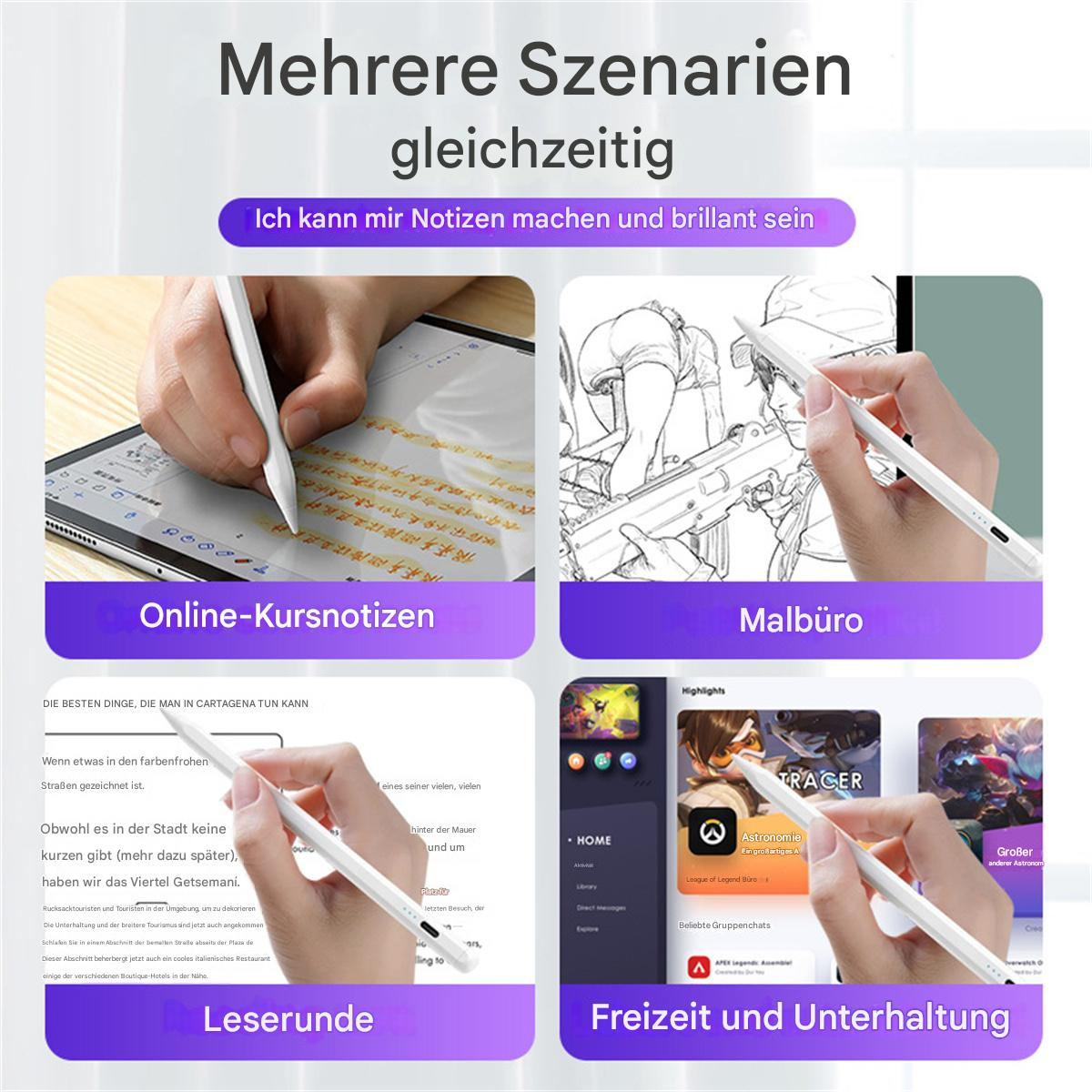 Ein Tablet-Bildschirm zeigt verschiedene Apps und Notizen. Ein Stift wird über jedem Abschnitt gehalten: Online-Notizen, Zeichnen, Lesen und Unterhaltung.