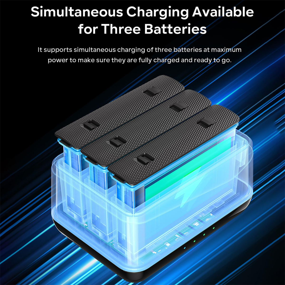 Ein Ladegerät mit drei Batterien, die geladen werden. Das Ladegerät leuchtet blau mit einem Blitzsymbol. Die Batterien sind schwarz.
