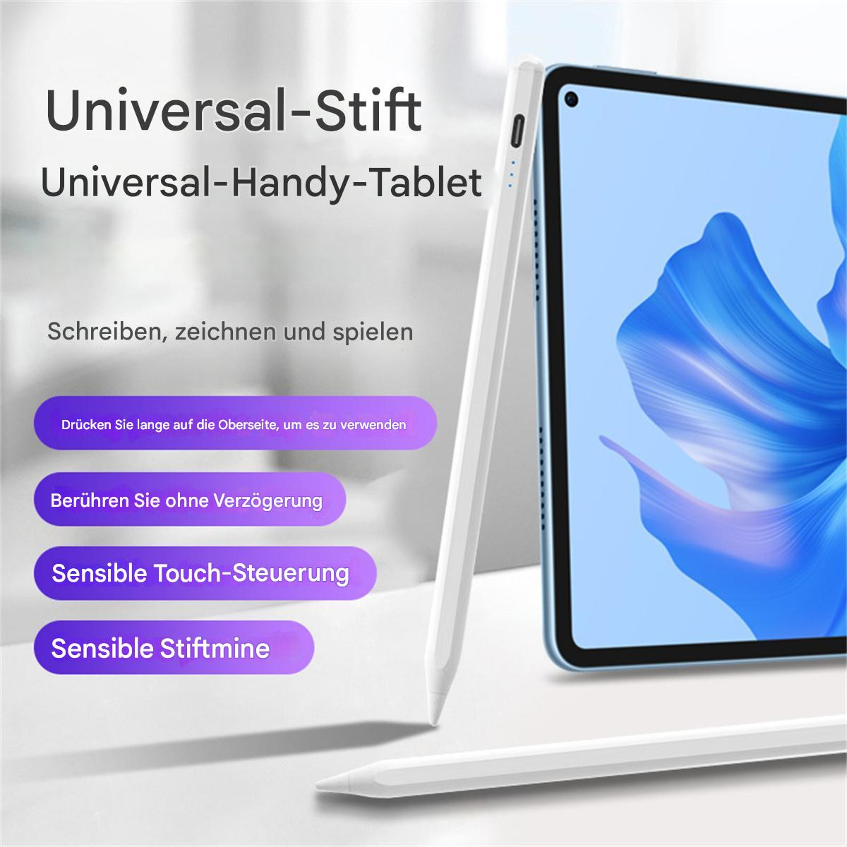 Ein weißer Stift neben einem Tablet. Text: 'Universal-Stift' und 'Universal-Handy-Tablet'. Merkmale: 'Schreiben, zeichnen und spielen'.
