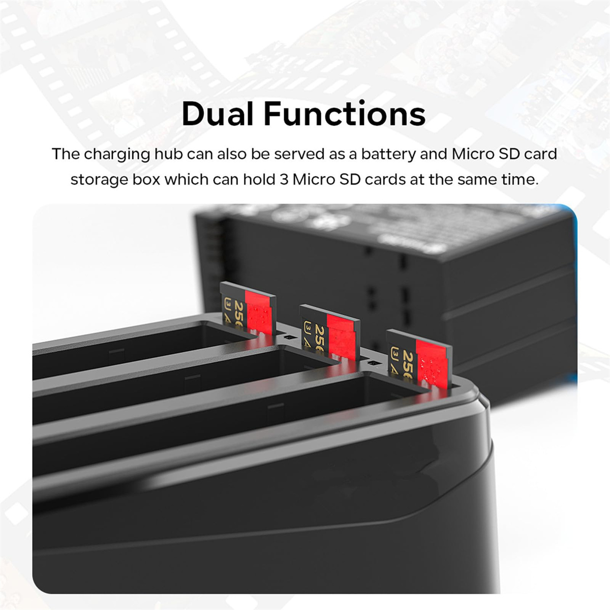 Schwarzer Ladehub mit drei roten Micro-SD-Karten. Text: Duale Funktionen. Hält 3 Micro-SD-Karten.
