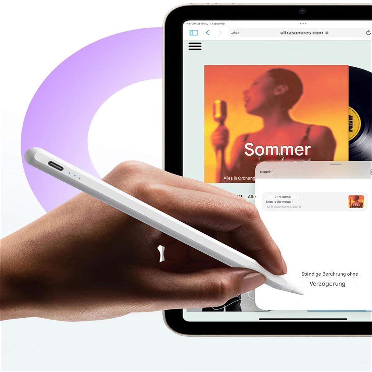 Eine Hand hält einen weißen Stift über einem Tablet, das ein Musikalbumcover anzeigt. Lila Form im Hintergrund. Das Album heißt 'Sommer'.