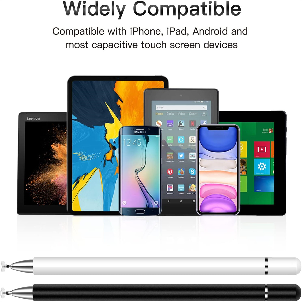 Das Bild zeigt verschiedene Geräte wie Telefone und Tablets. Zwei Stifte sind im Vordergrund. Text: 'Weitgehend kompatibel'.