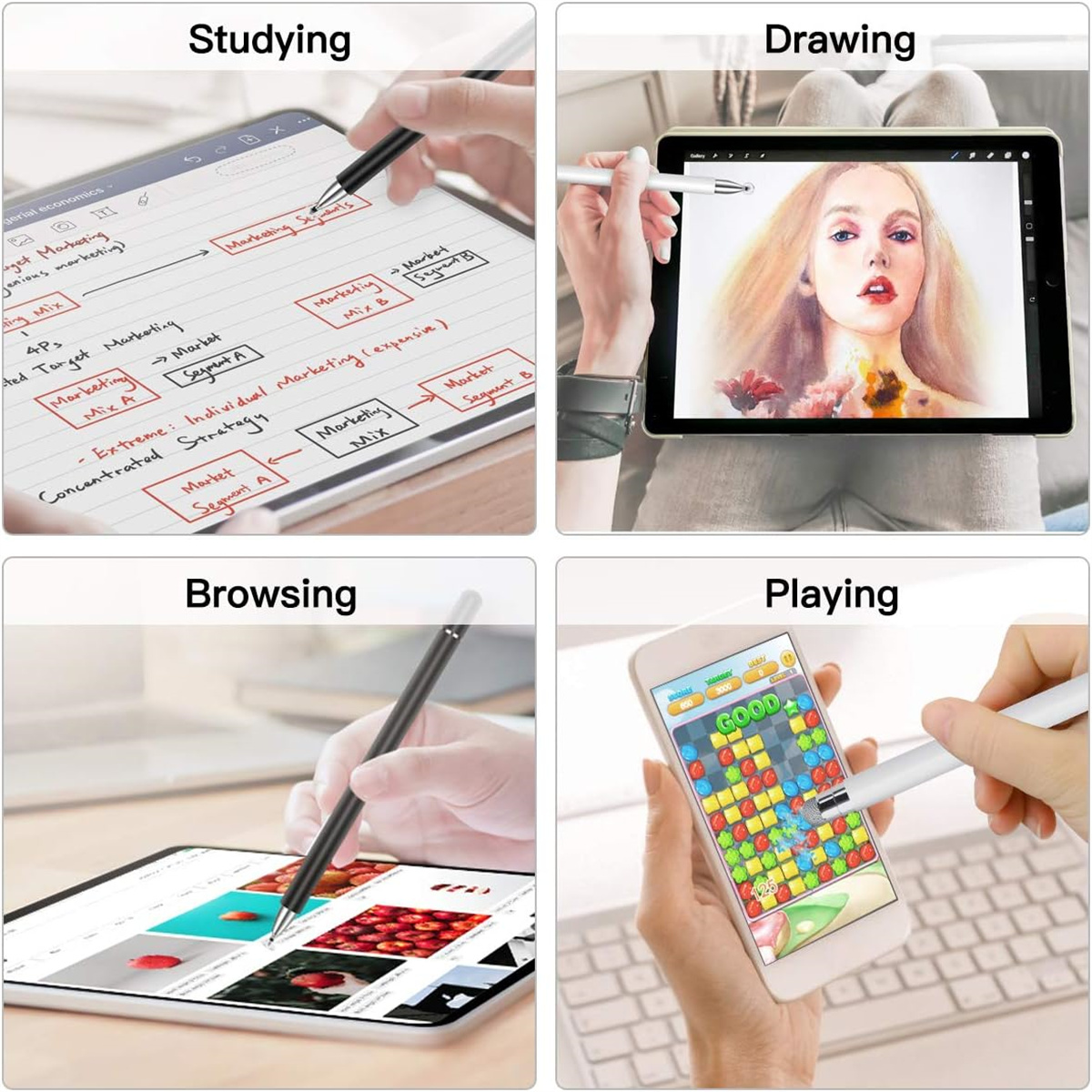 Vier Bilder, die einen Stift zeigen, der zum Studieren, Zeichnen, Surfen und Spielen auf verschiedenen Geräten verwendet wird.