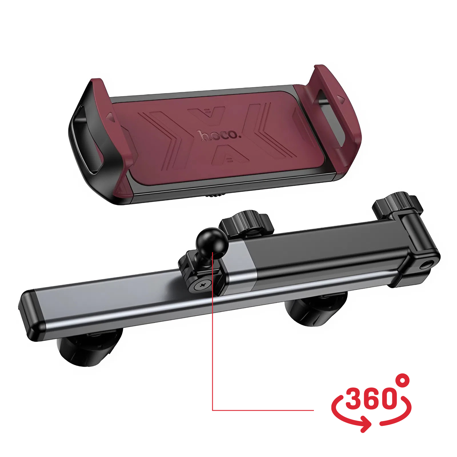 Un supporto per telefono per auto. Ha una culla color marrone, un braccio argento e nero e un simbolo di rotazione a 360 gradi.
