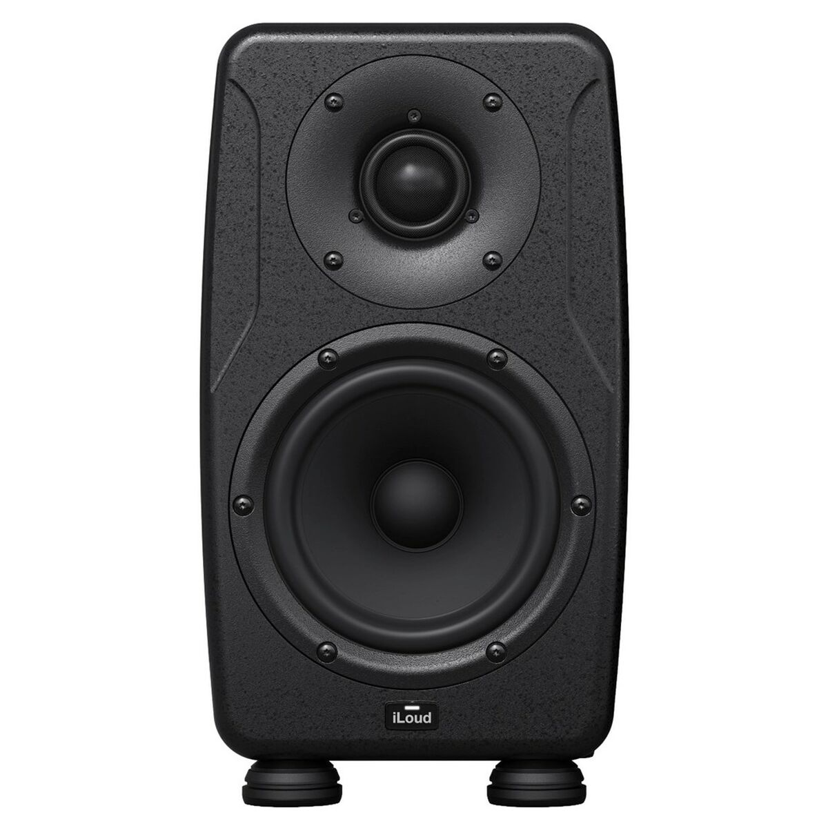 Monitor da studio iLoud nero. È dotato di un tweeter e di un woofer. L'altoparlante ha una superficie strutturata e poggia su piedini in gomma.