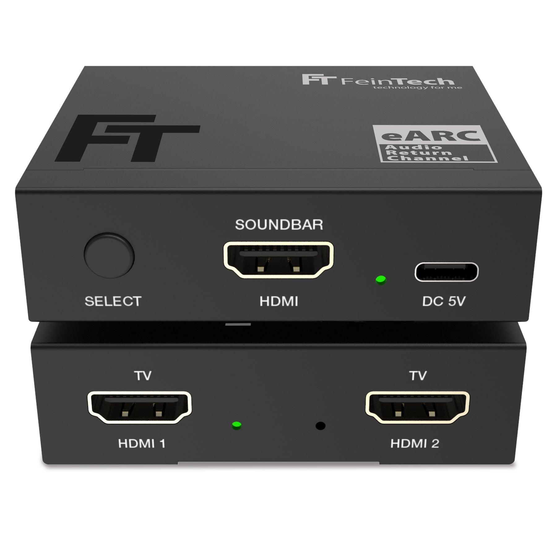 Schwarzes FeinTech-Gerät mit HDMI-Anschlüssen, beschriftet mit 'SOUNDBAR', 'HDMI 1', 'HDMI 2' und 'DC 5V'. Logos und Text sind sichtbar.