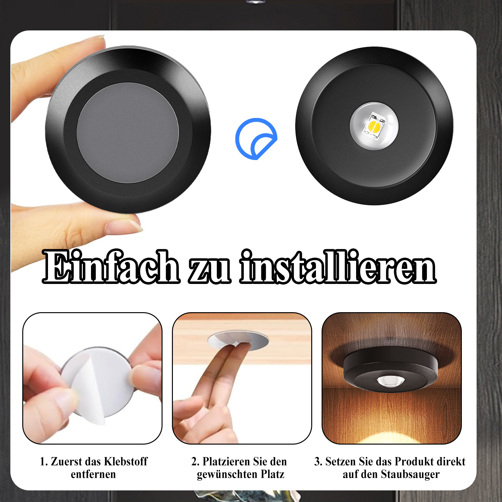 Das Bild zeigt zwei schwarze Lichter, Installationsschritte und deutschen Text. Ein Licht hat eine weiße LED. Der Text lautet 'Einfach zu installieren'.