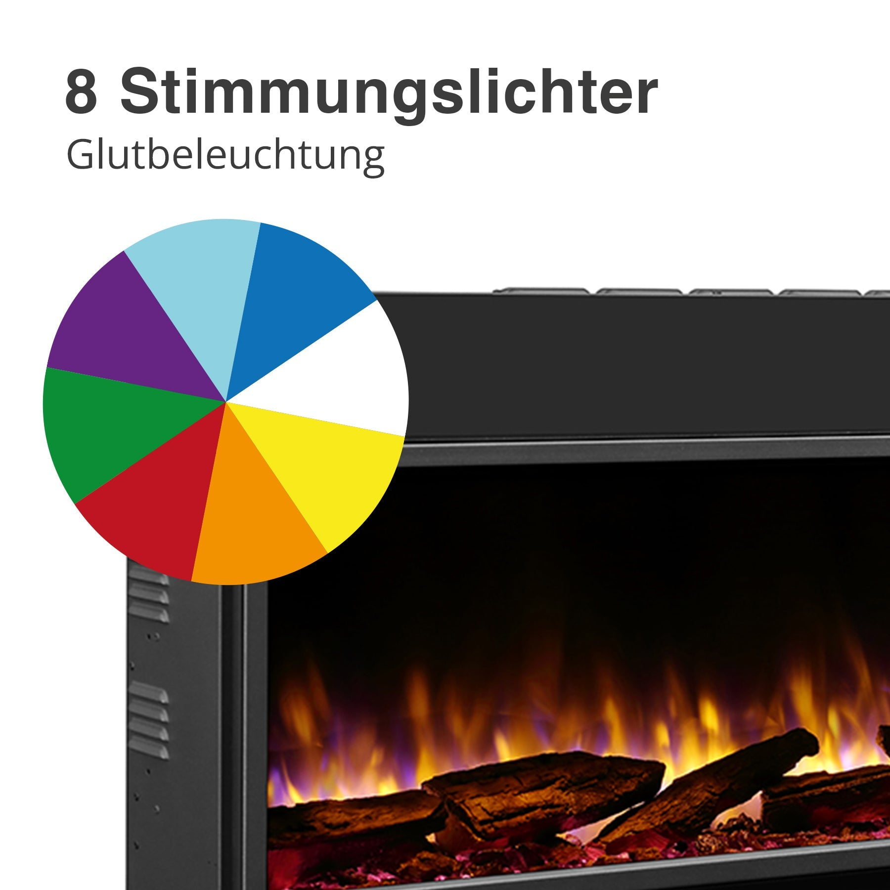 Elektrischer Kamin mit Flammen und einem Farbkreis, der acht Stimmungslichtfarben zeigt.