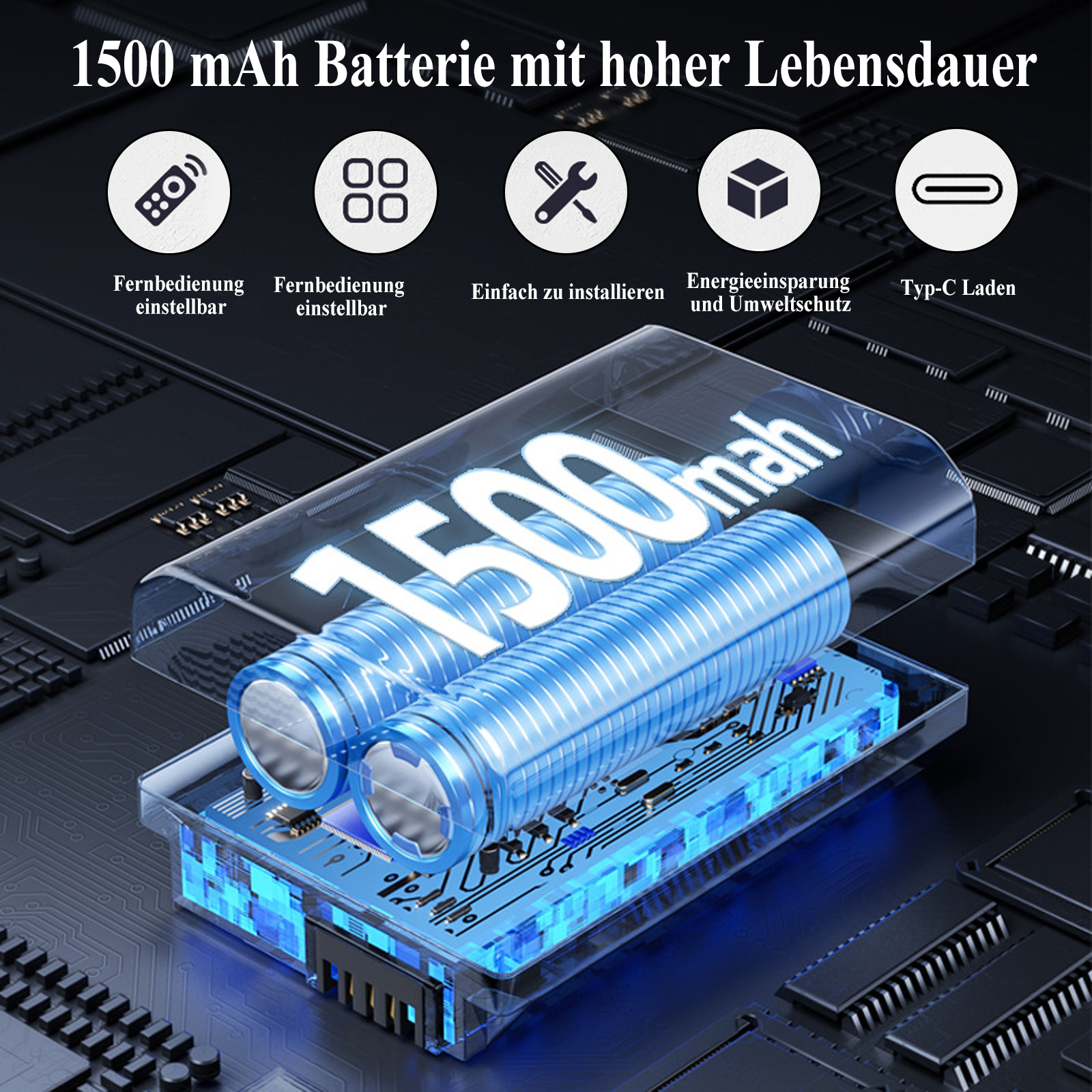 Das Bild zeigt eine Batterie mit Funktionssymbolen. Enthält Batteriezellen, eine Leiterplatte und Text mit 1500 mAh Kapazität.