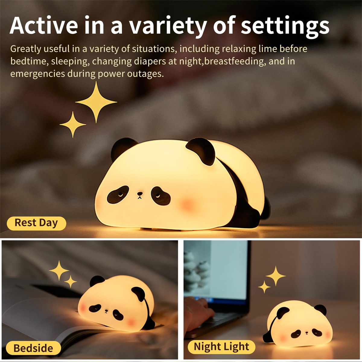 Ein pandaförmiges Nachtlicht leuchtet. Es wird in drei Einstellungen gezeigt: Ruhetag, Nachttisch und Nachtlicht. Der Text lautet "Active in a variety of settings".