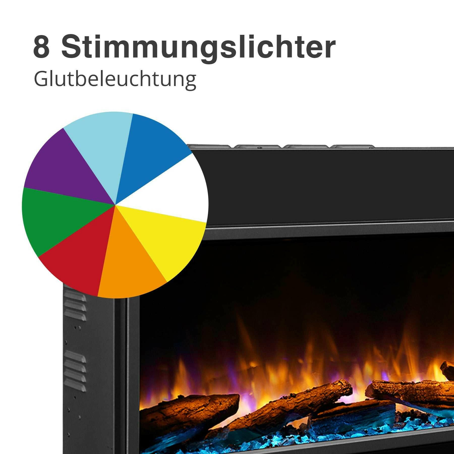 Ein elektrischer Kamin mit 8 Farboptionen und glühenden Glut. Ein Farbrad zeigt die Lichtoptionen. Der Hintergrund ist schwarz.