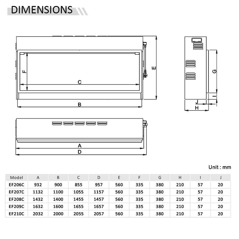 Diagramm zeigt Abmessungen eines Produkts mit verschiedenen Modellen. Es enthält die Maße A bis J und eine Tabelle mit spezifischen Werten.
