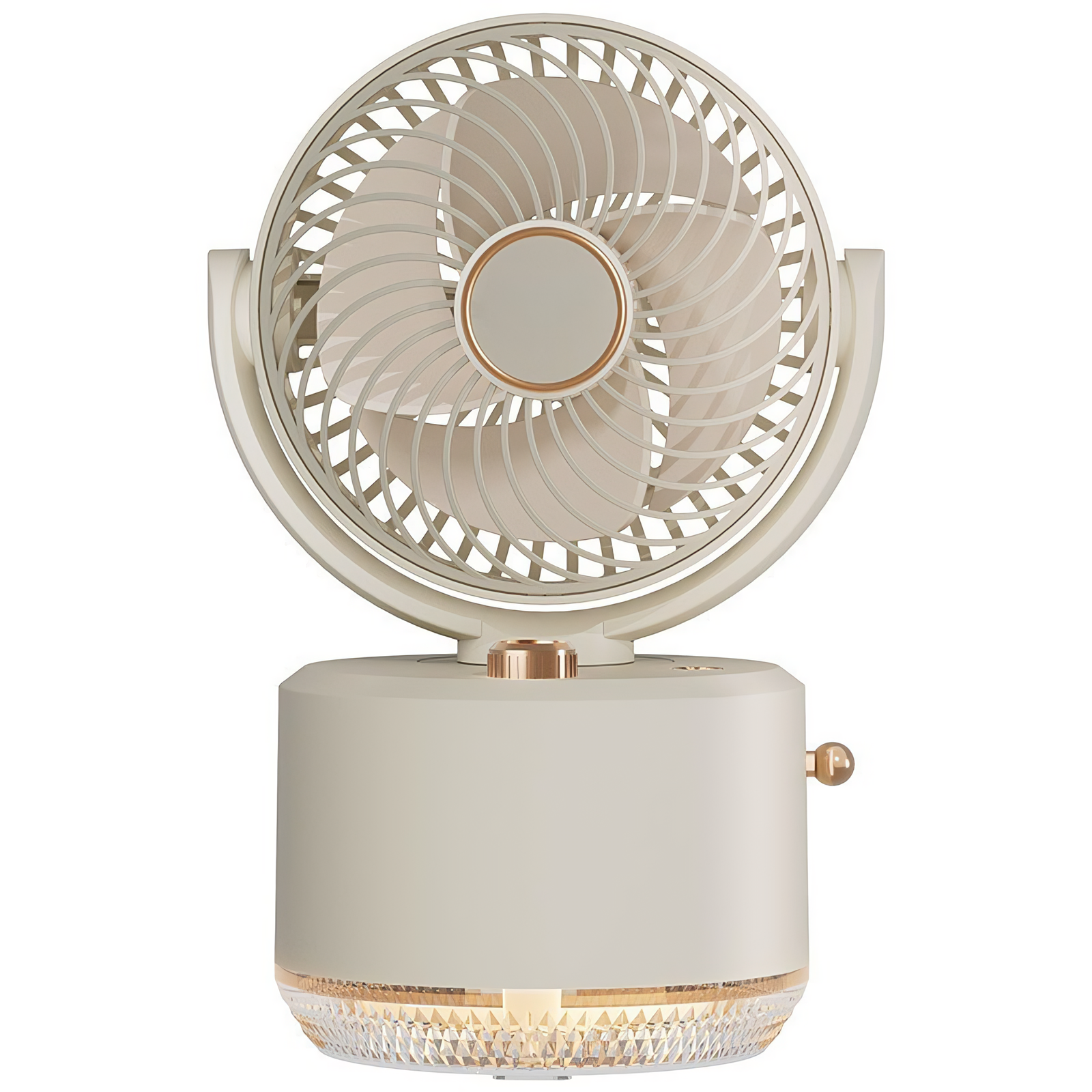 Ein beiger und goldener Ventilator. Er hat einen runden Ventilatorkopf und einen zylindrischen Sockel mit einem dekorativen, durchsichtigen Boden.